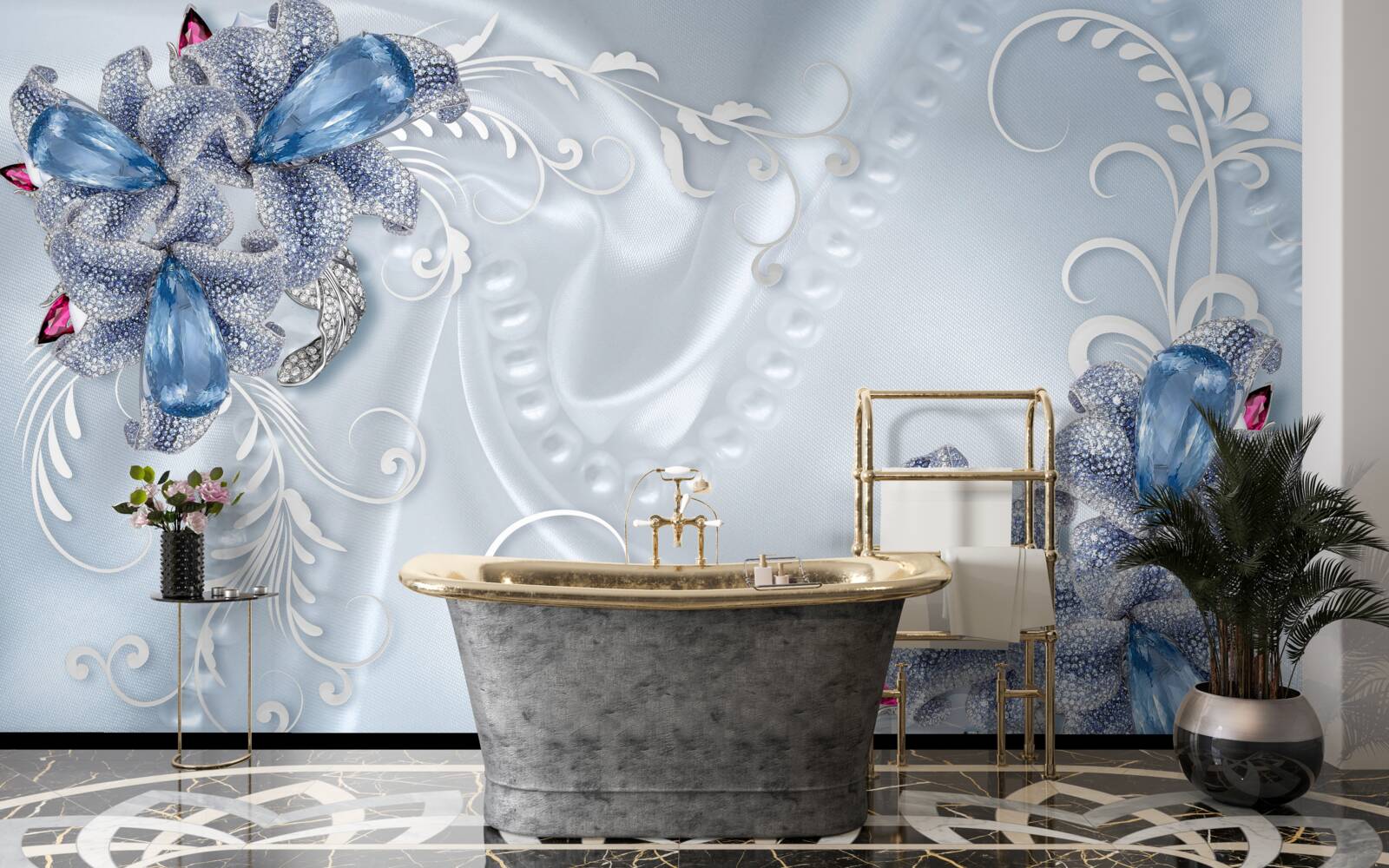 Fototapet flori exotice împletite din argint prețios și pietre prețioase frumoase