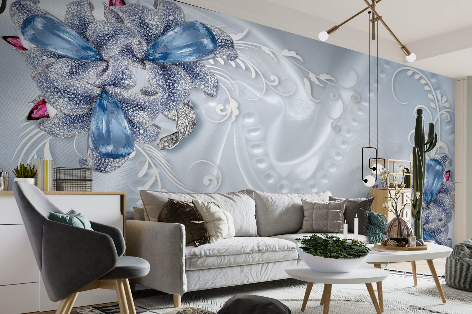 Fototapet flori exotice împletite din argint prețios și pietre prețioase frumoase