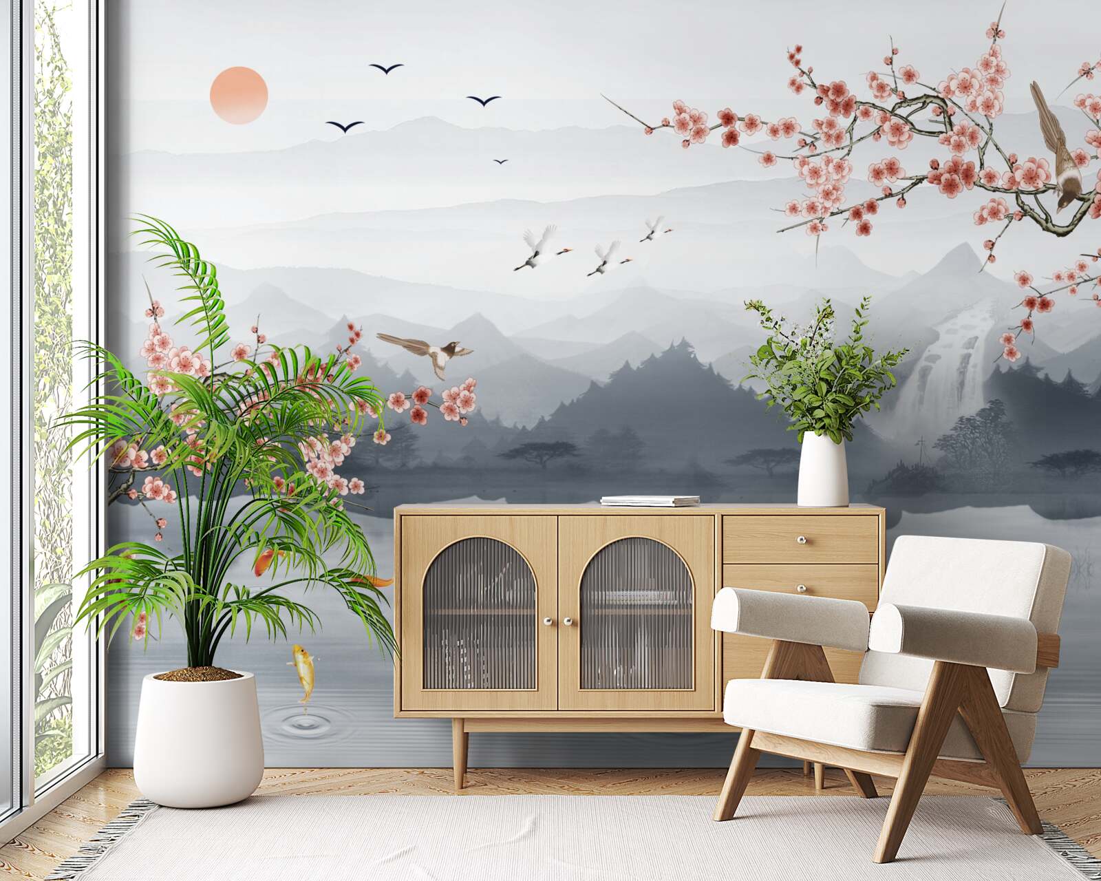 Fototapet sakura înflorește la poalele munților și în apropierea apei