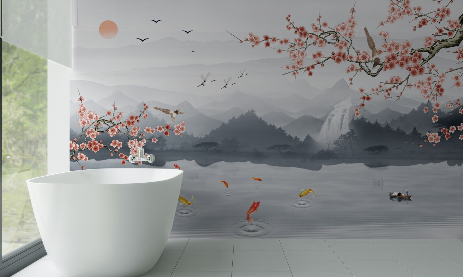 Fototapet sakura înflorește la poalele munților și în apropierea apei