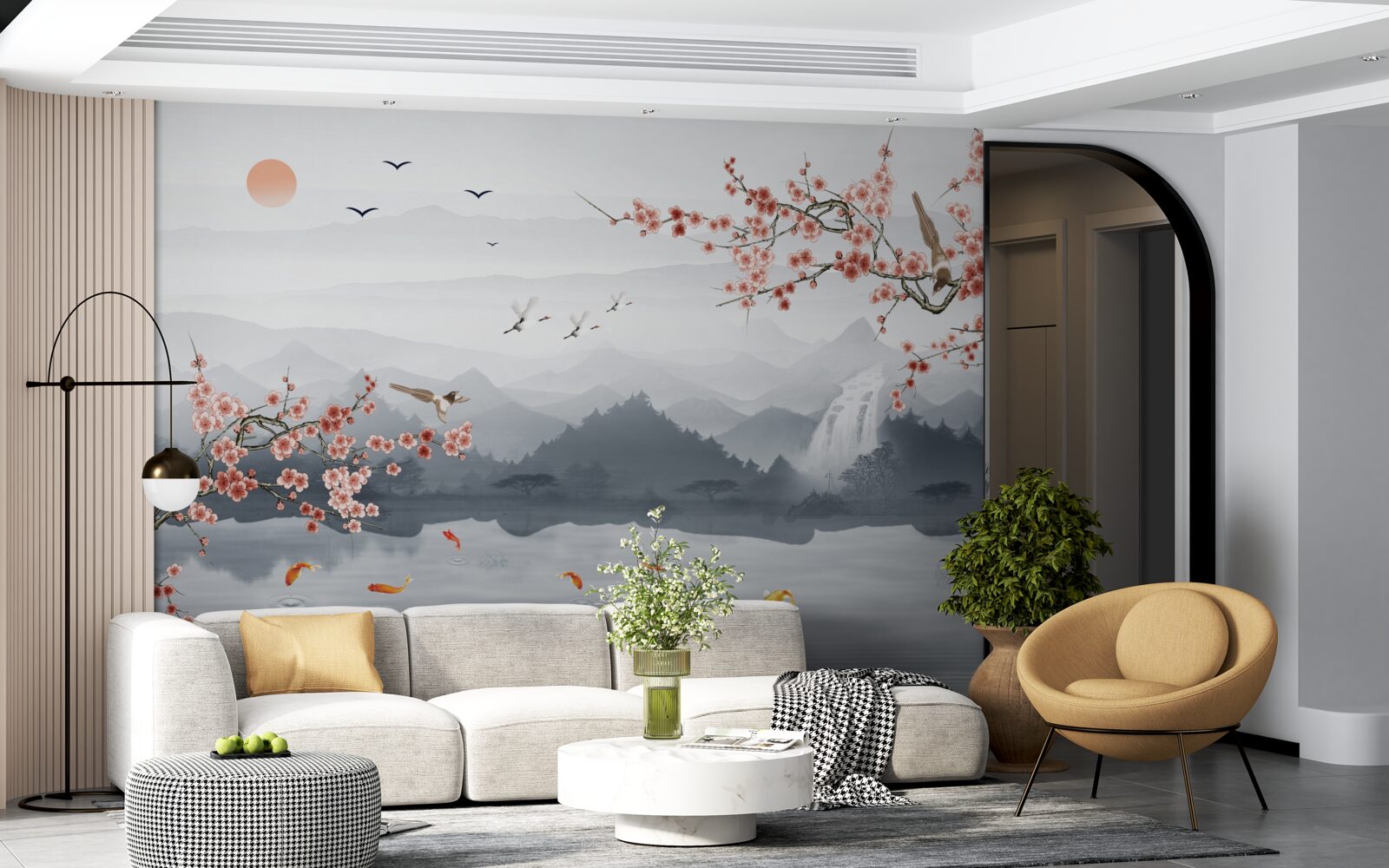 Fototapet sakura înflorește la poalele munților și în apropierea apei