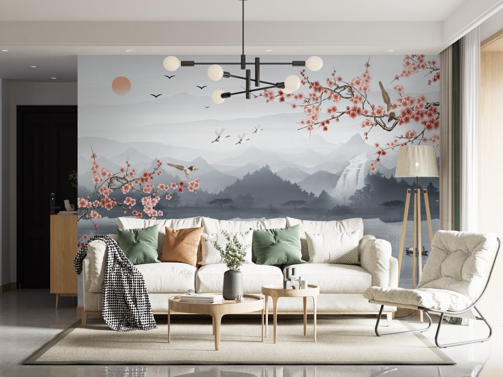 Fototapet sakura înflorește la poalele munților și în apropierea apei