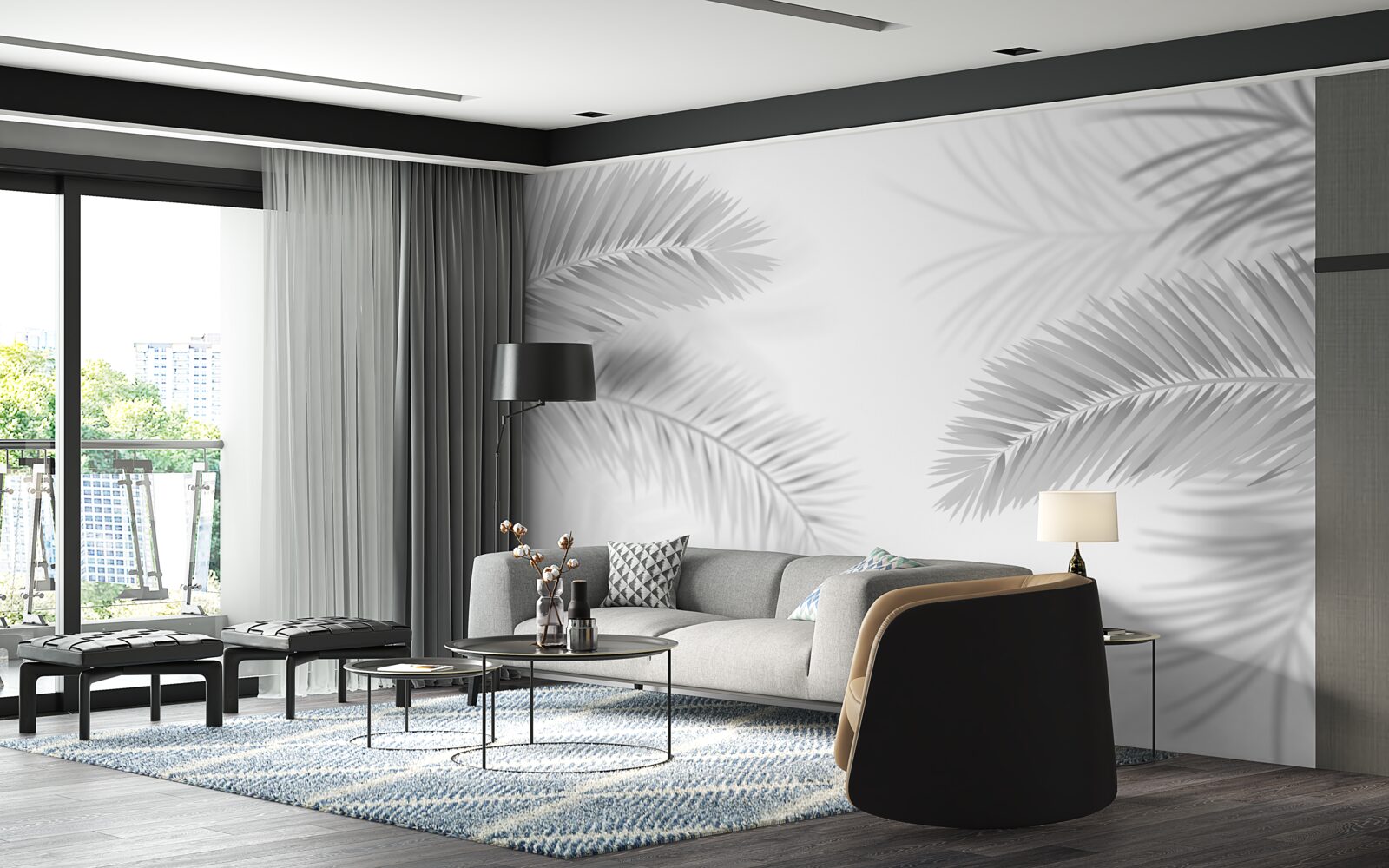 Fototapet frunze de ferigă în alb și negru