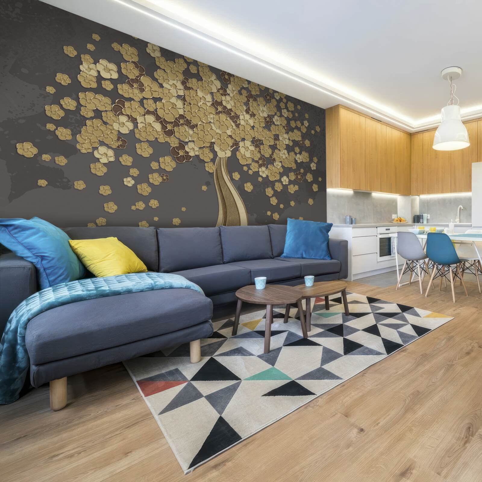 Fototapet copac de noapte înflorit cu aur