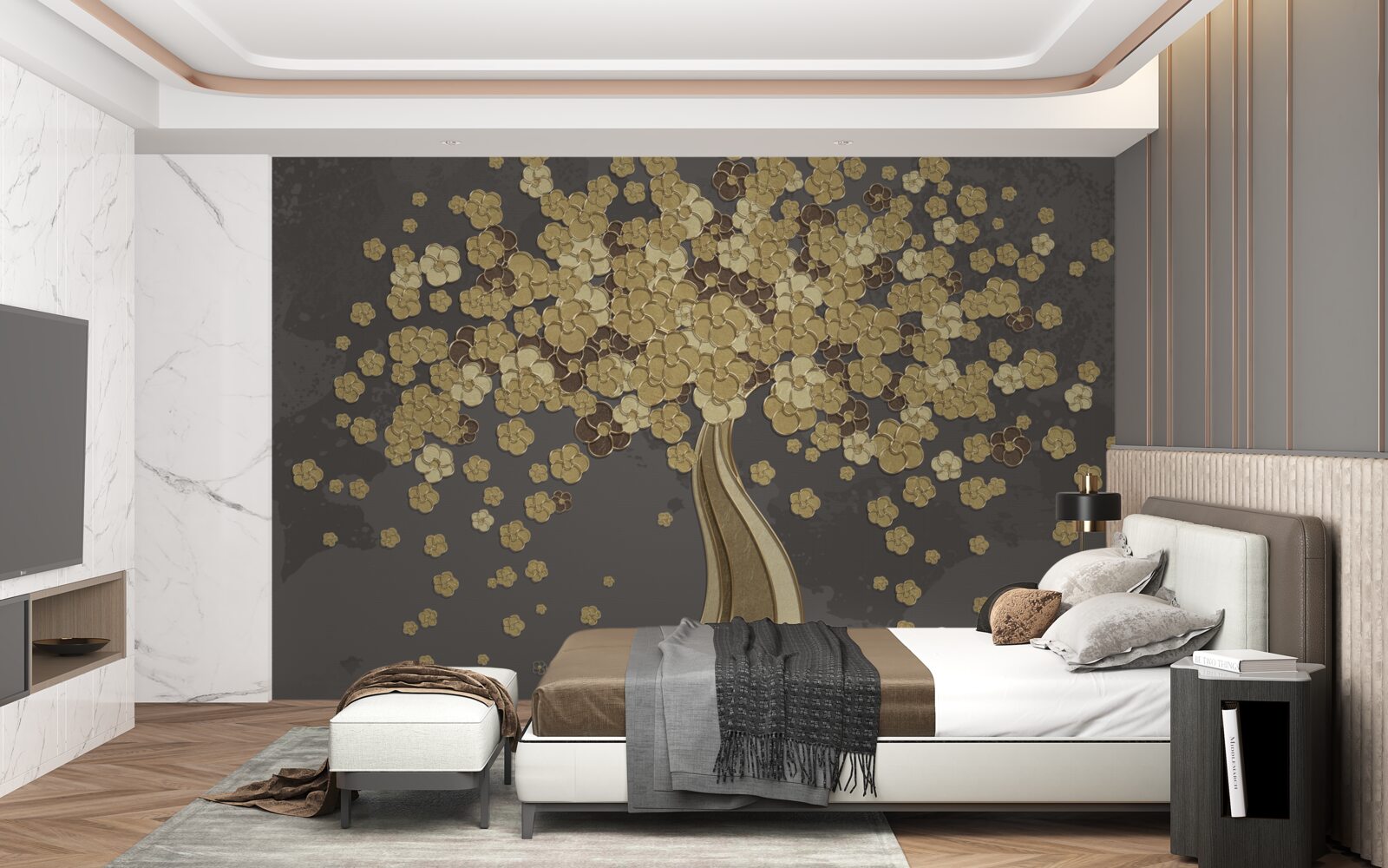 Fototapet copac de noapte înflorit cu aur