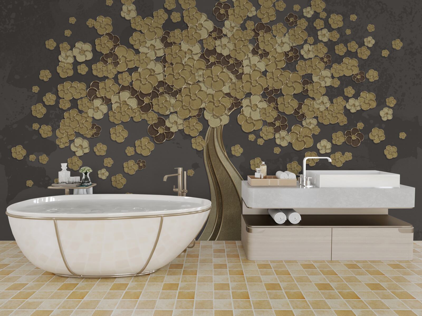 Fototapet copac de noapte înflorit cu aur