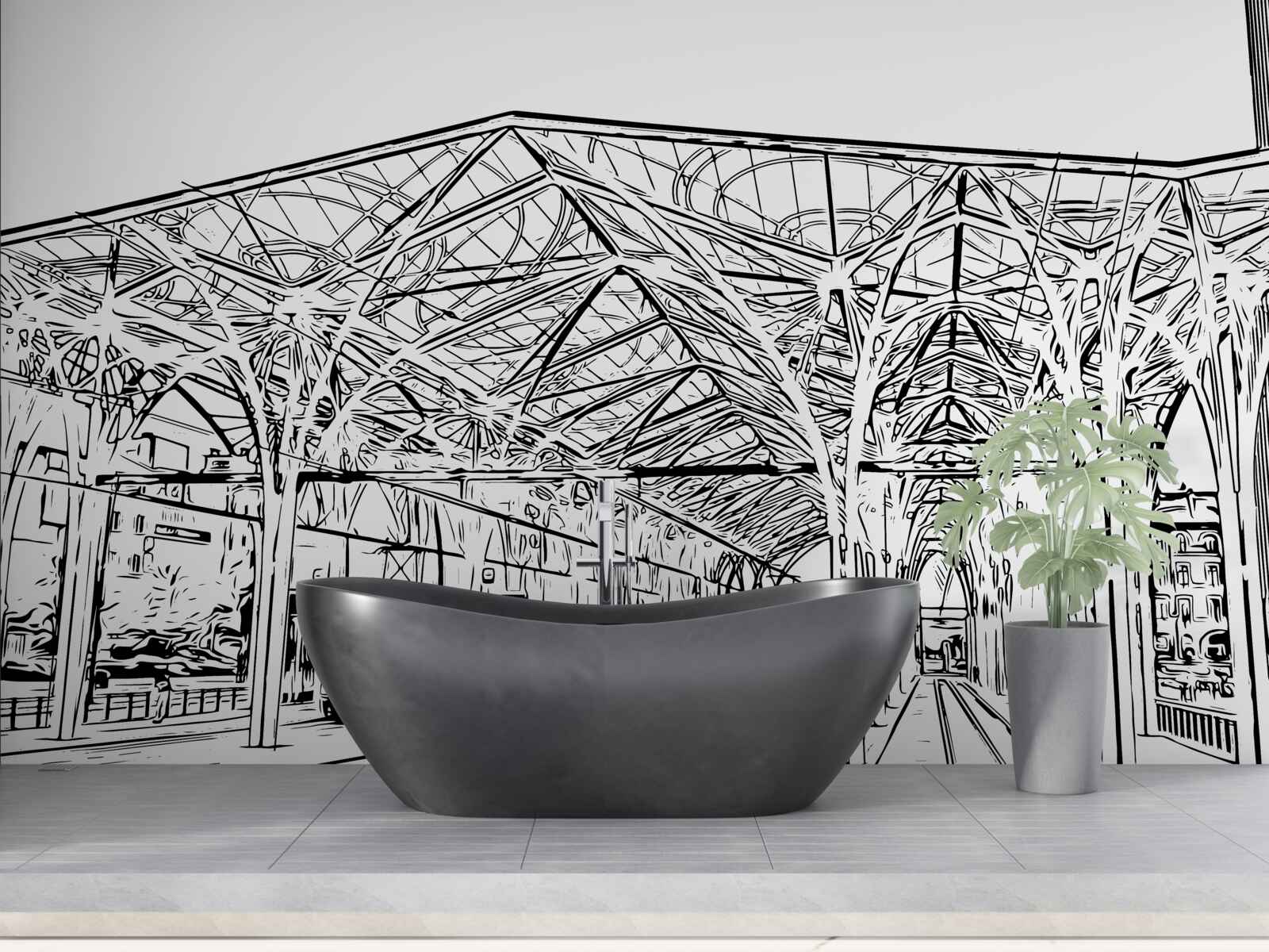 Fototapet stația de cale ferată și trenurile prezentate în fotografie