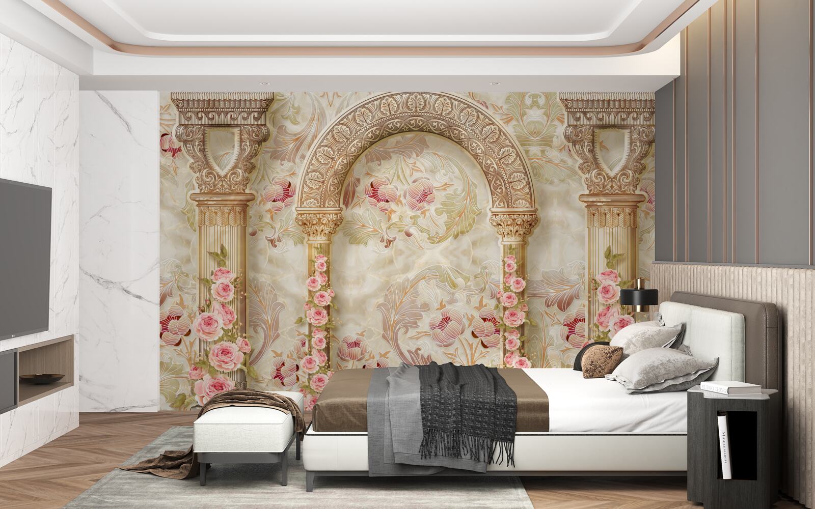 Fototapet arcuri tradiționale decorate cu flori de trandafir