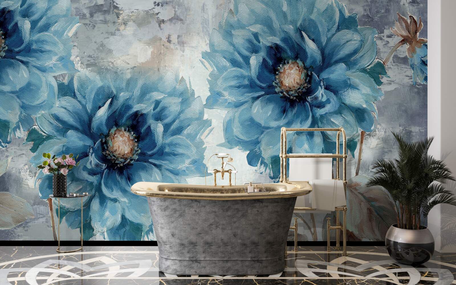 Fototapet păsări și flori albastre în ploaia torențială de vară