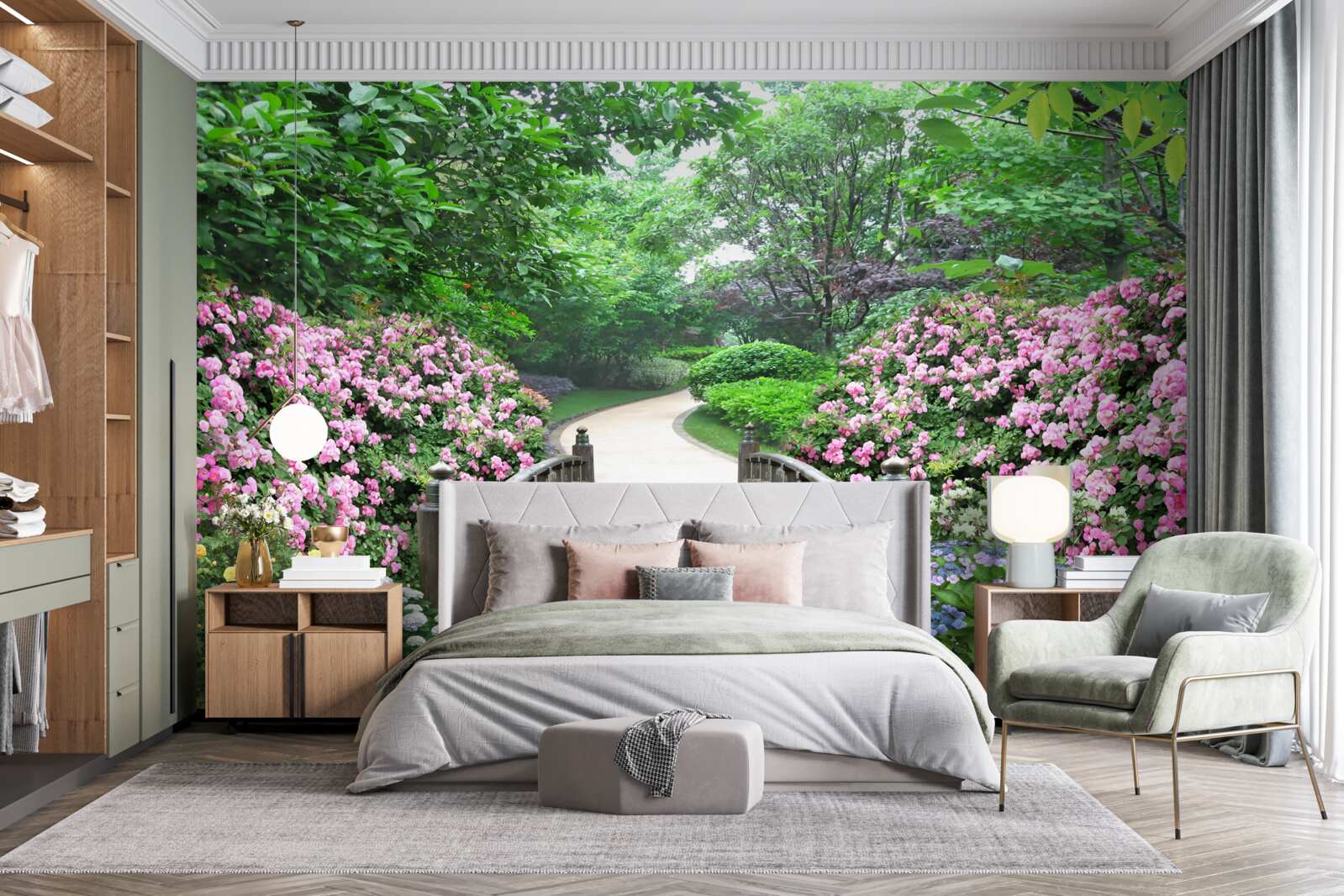 Fototapet un pod de lemn pitoresc care traversează o verdeață înflorită de copaci