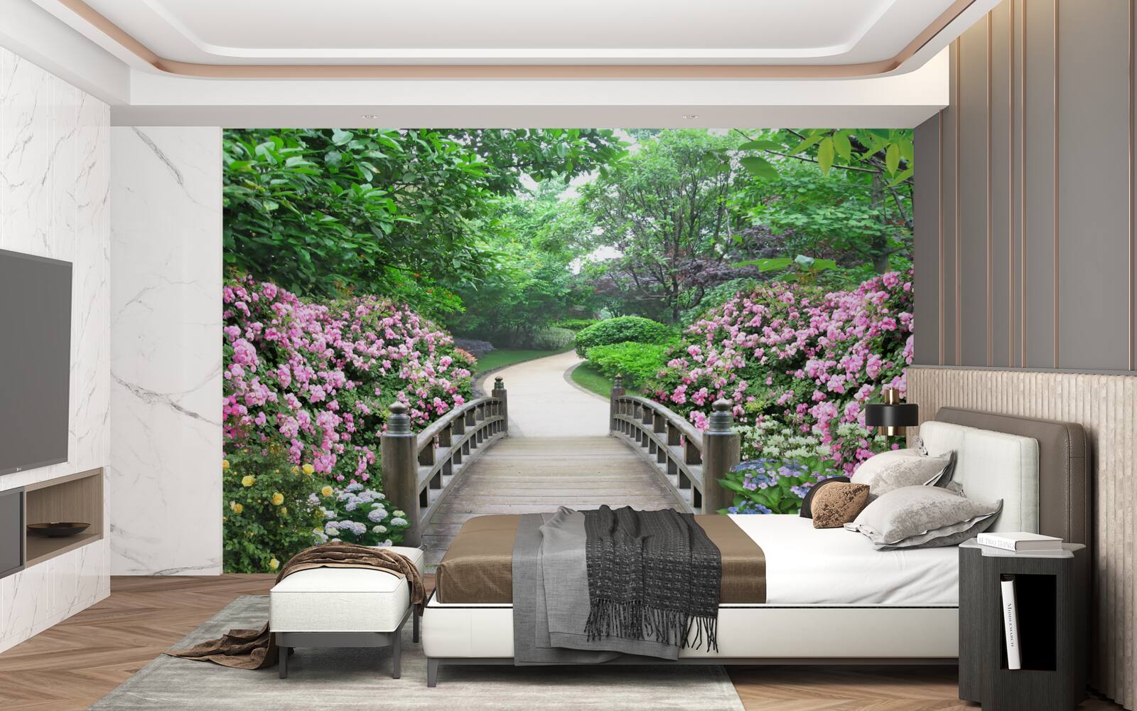 Fototapet un pod de lemn pitoresc care traversează o verdeață înflorită de copaci