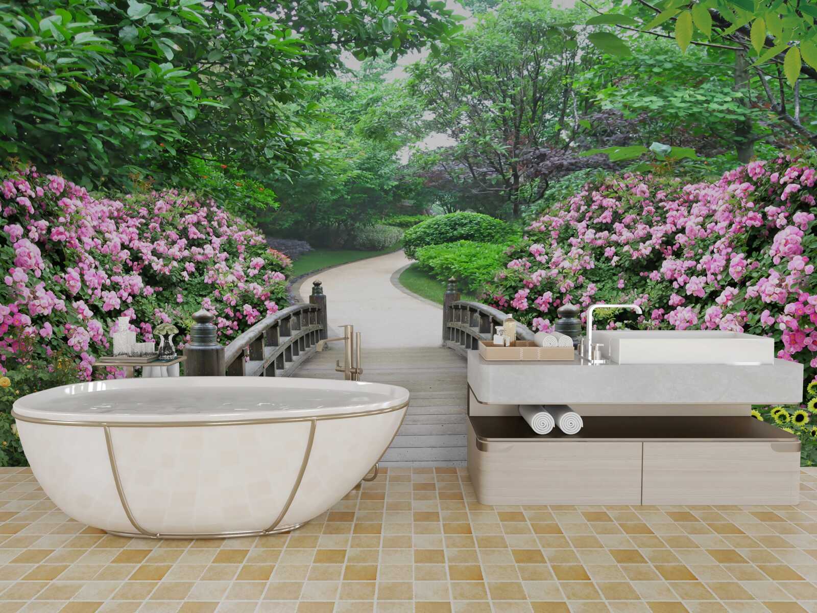 Fototapet un pod de lemn pitoresc care traversează o verdeață înflorită de copaci