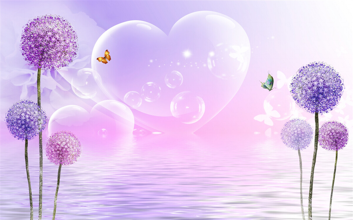 Fototapet flori violet pe un fundal de apă și inimi