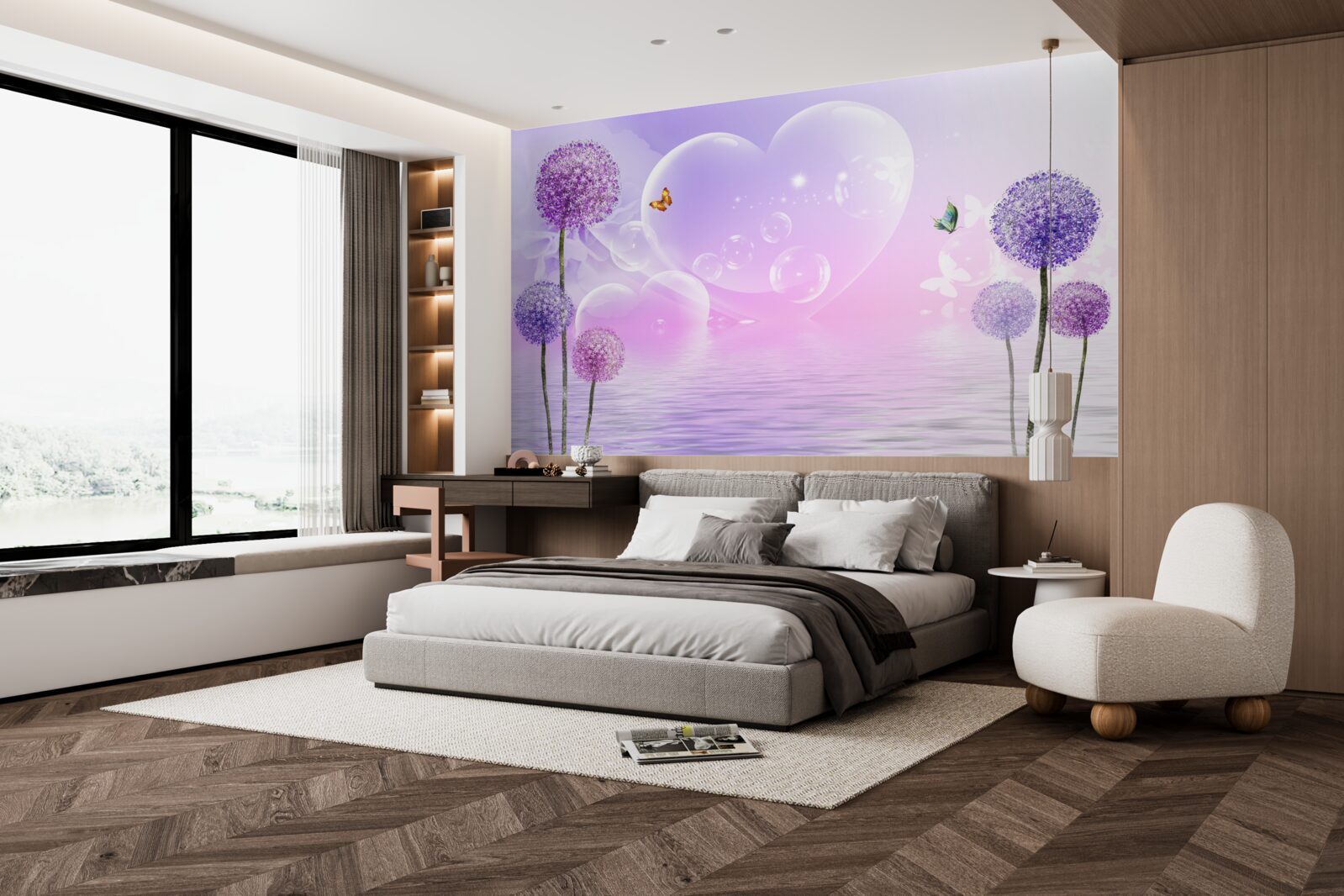 Fototapet flori violet pe un fundal de apă și inimi