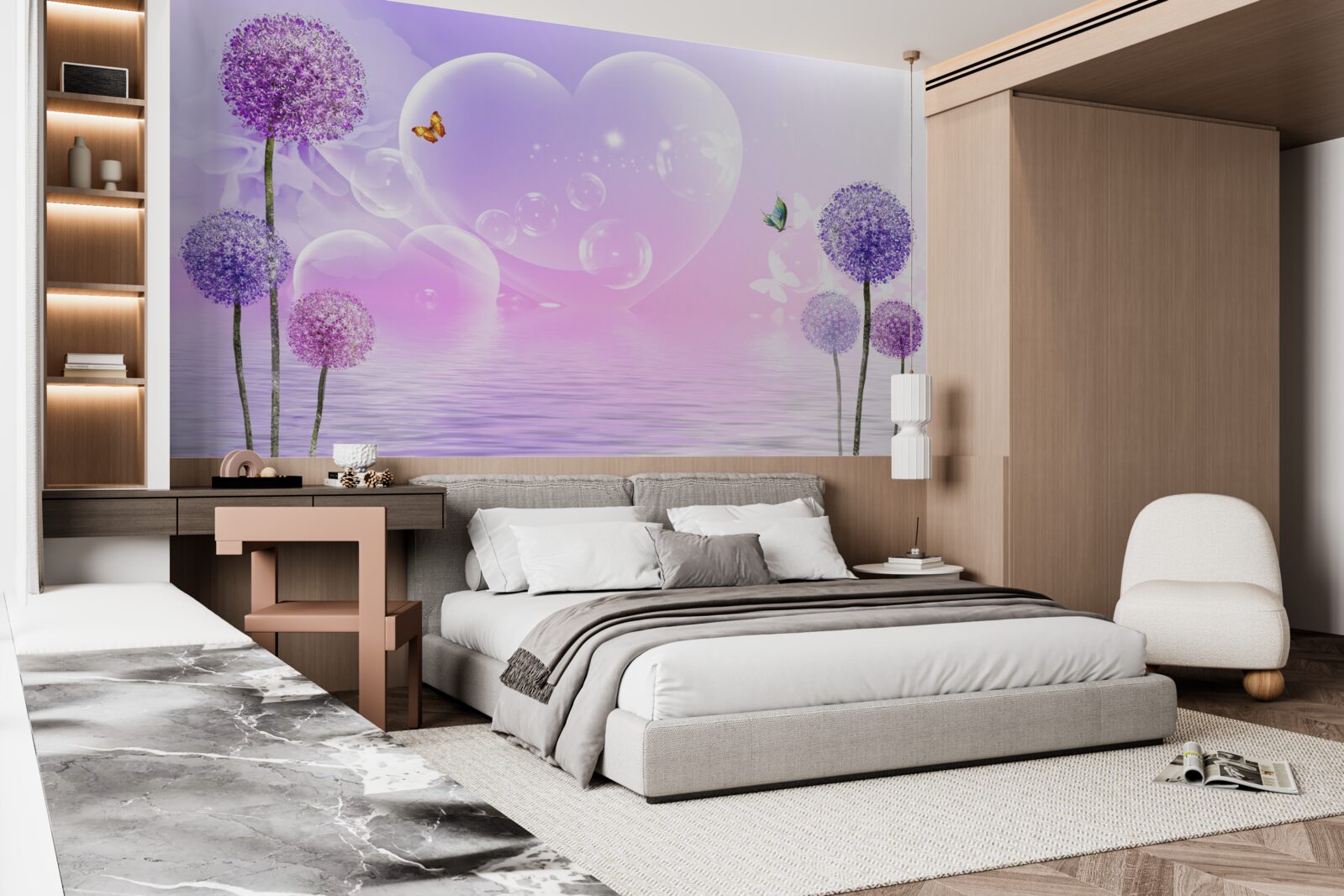 Fototapet flori violet pe un fundal de apă și inimi