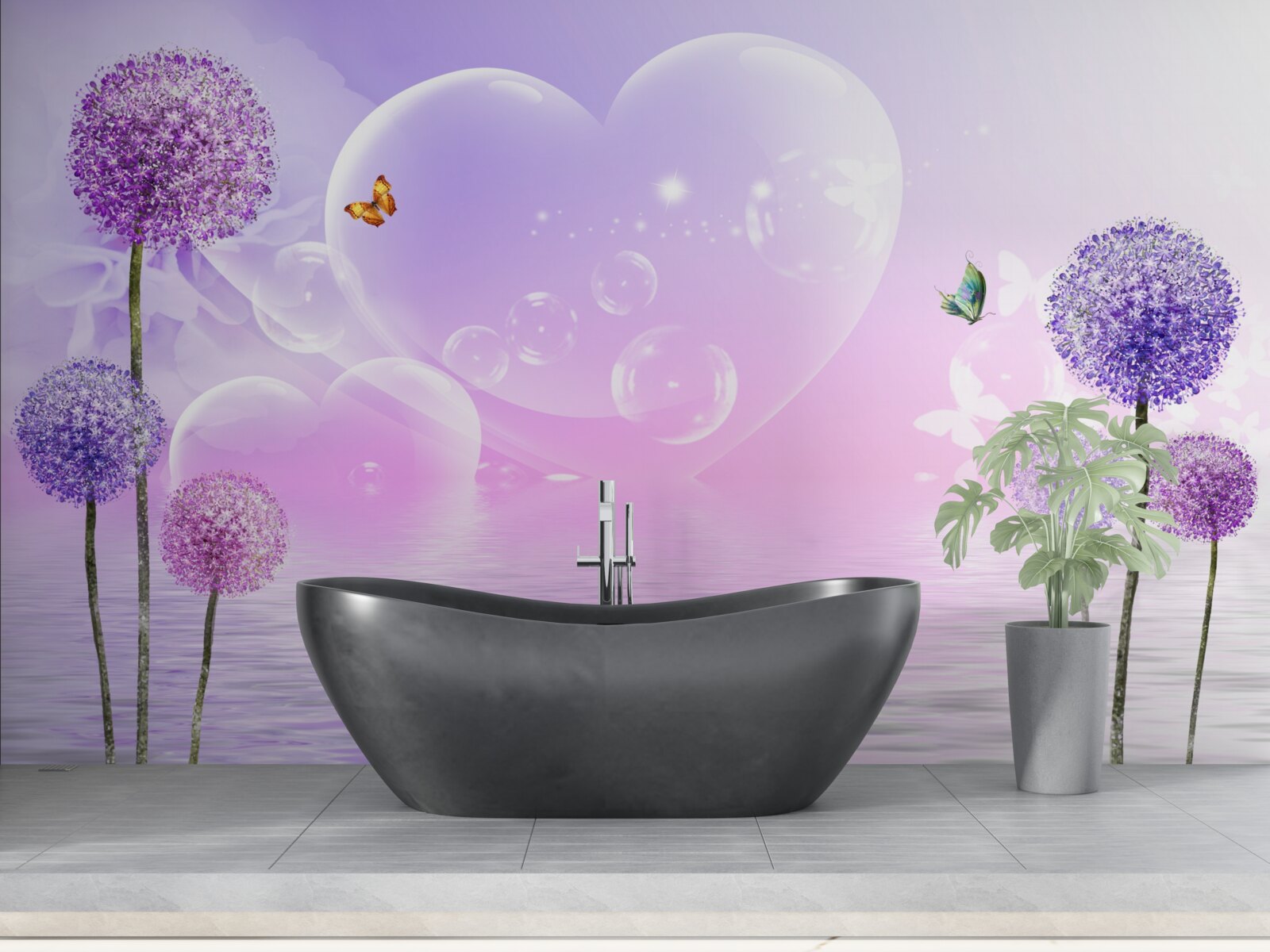 Fototapet flori violet pe un fundal de apă și inimi