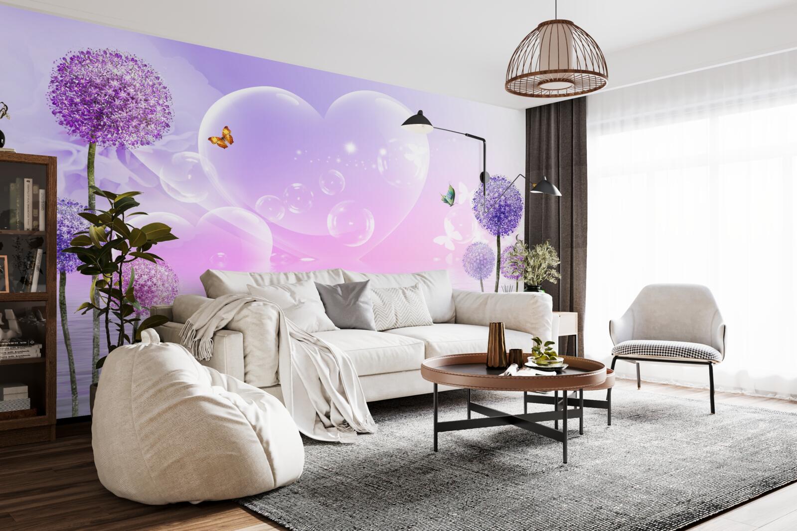 Fototapet flori violet pe un fundal de apă și inimi