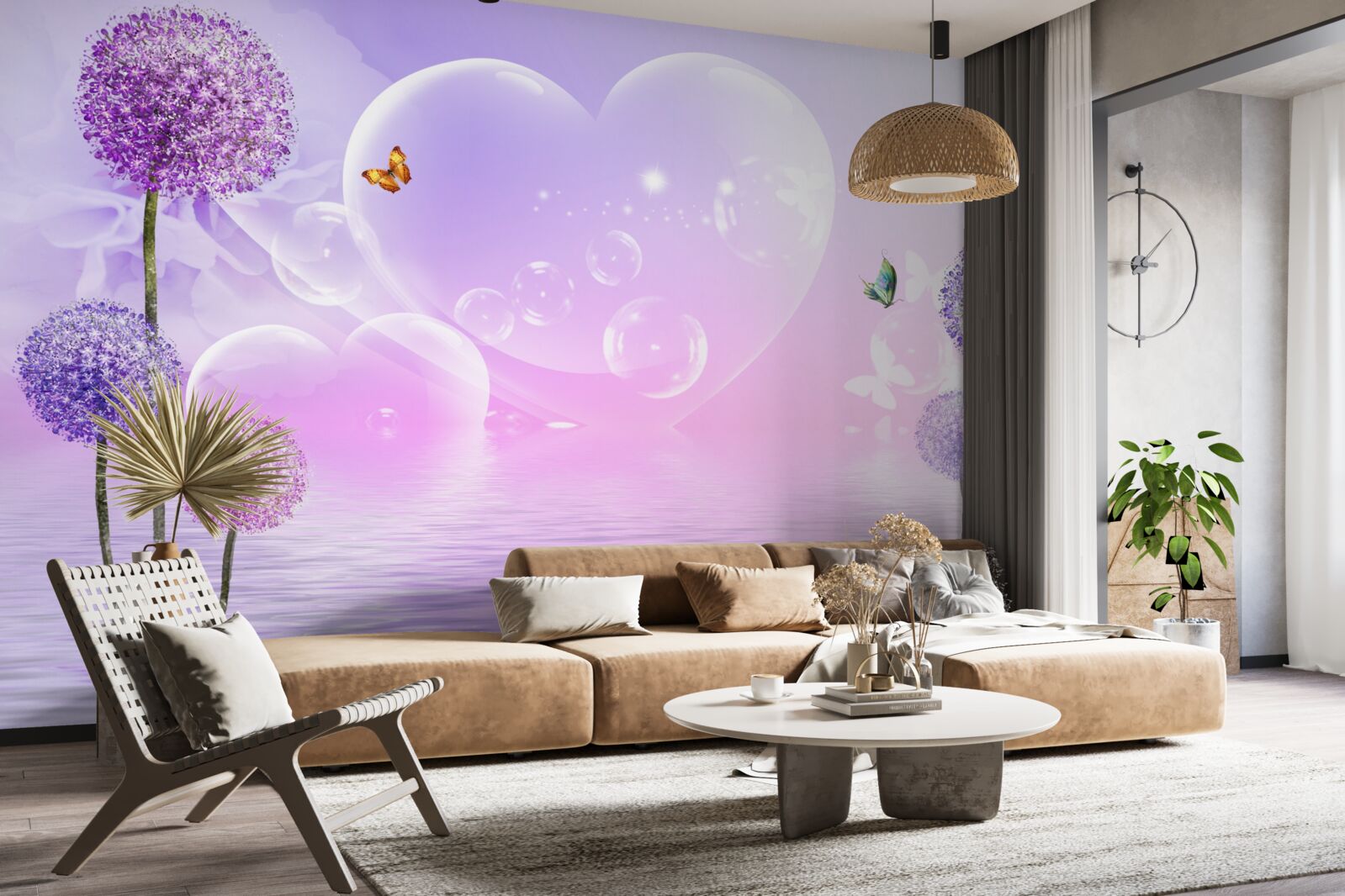 Fototapet flori violet pe un fundal de apă și inimi