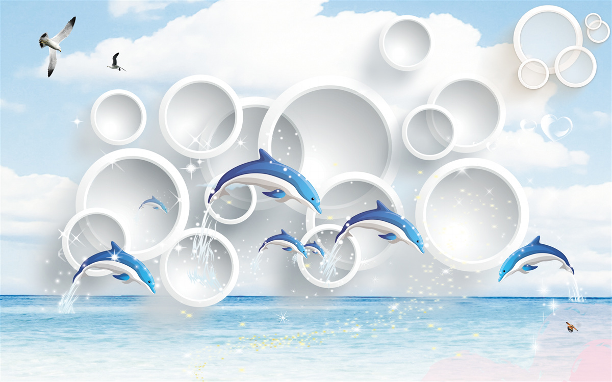 Fototapet inele abstracte și delfini sărind pe suprafața apei