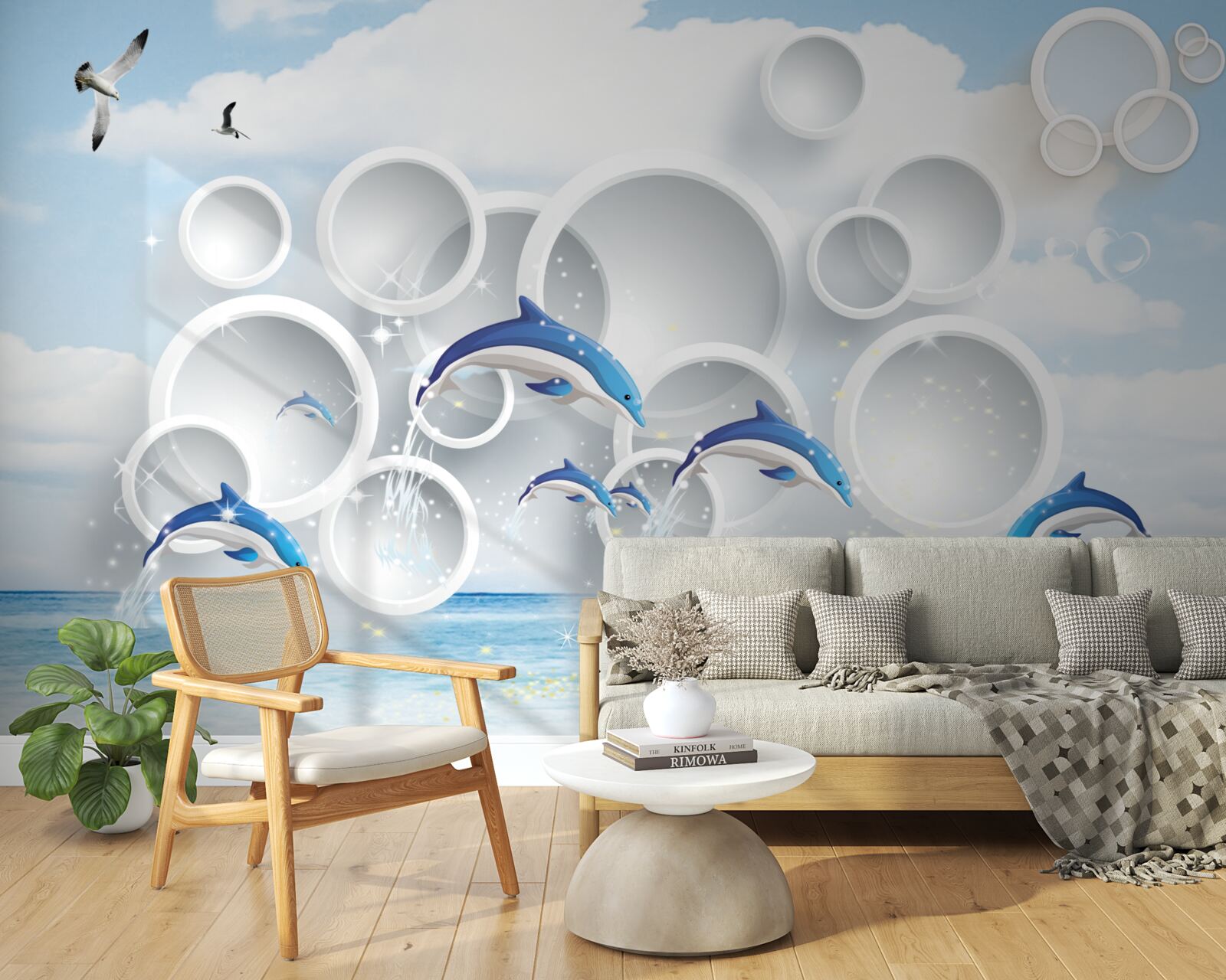 Fototapet inele abstracte și delfini sărind pe suprafața apei