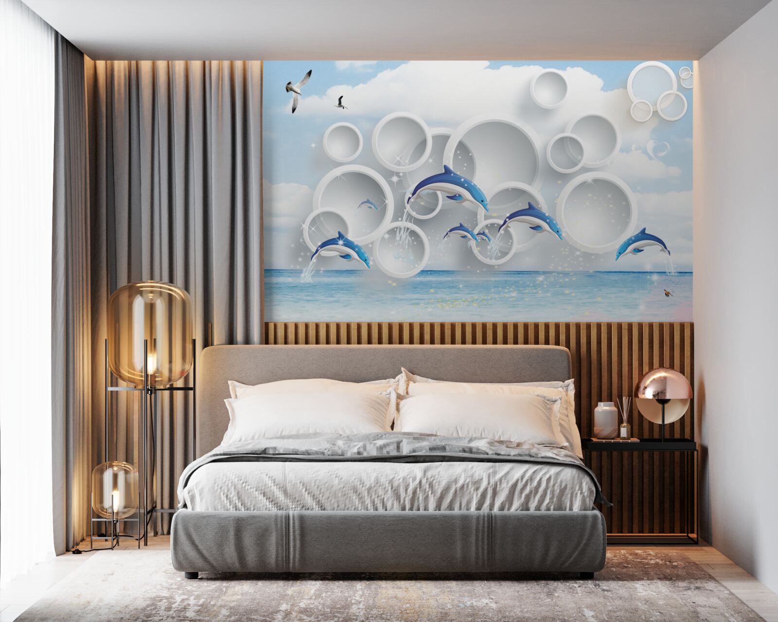 Fototapet inele abstracte și delfini sărind pe suprafața apei