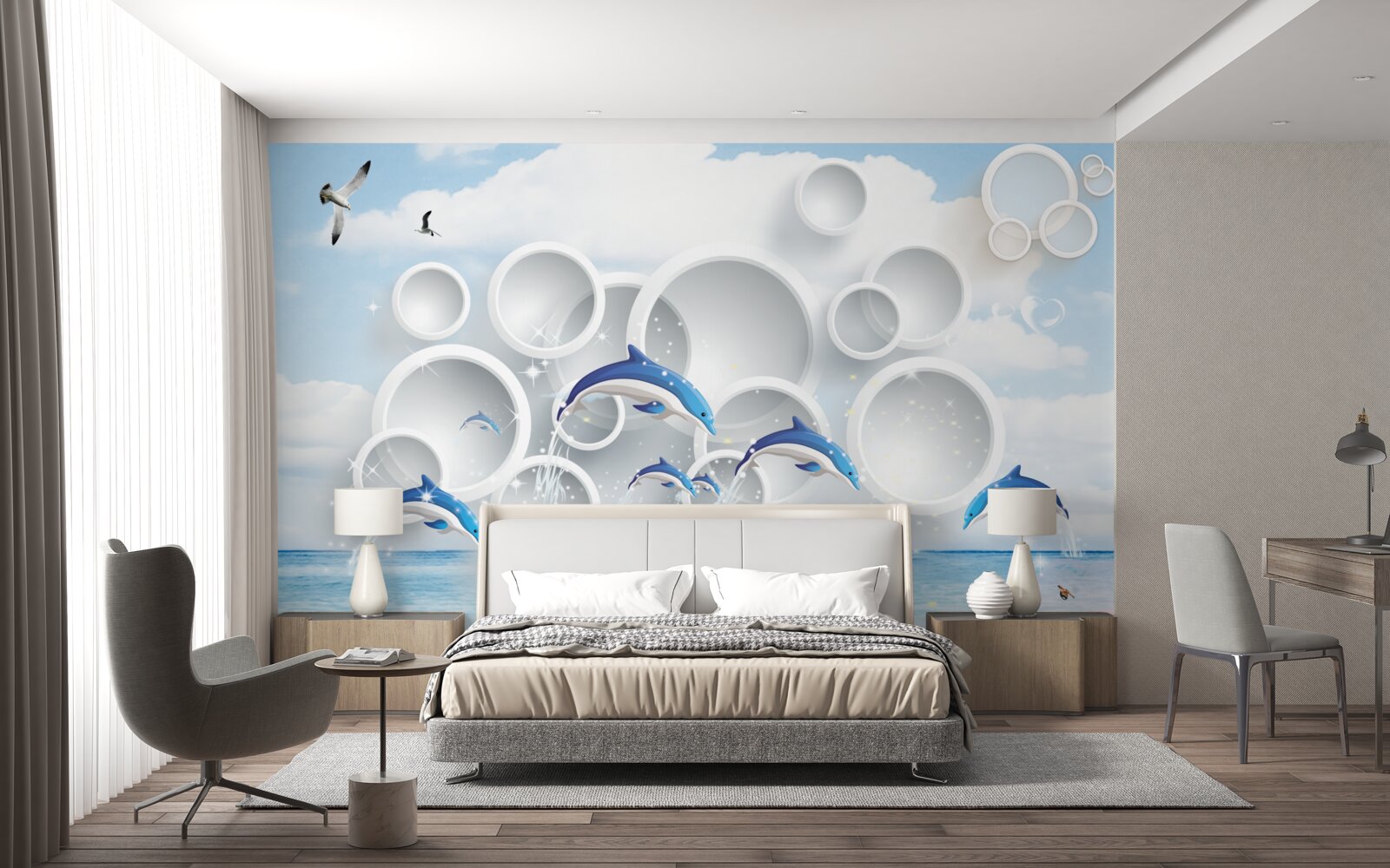 Fototapet inele abstracte și delfini sărind pe suprafața apei