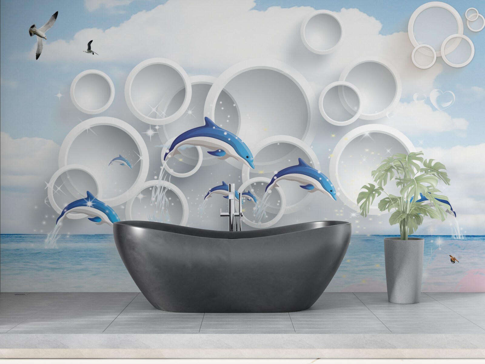 Fototapet inele abstracte și delfini sărind pe suprafața apei