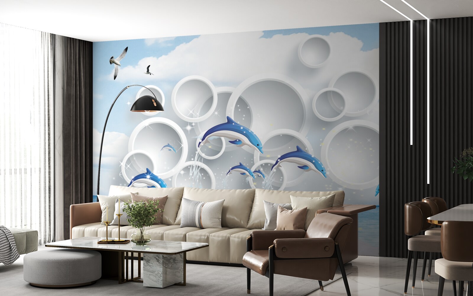 Fototapet inele abstracte și delfini sărind pe suprafața apei