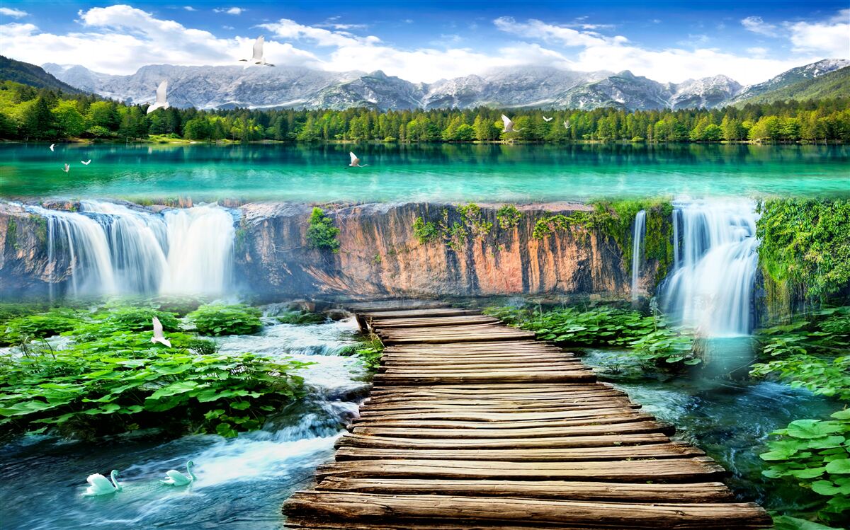 Fototapet pod de lemn care duce la baza cascadei