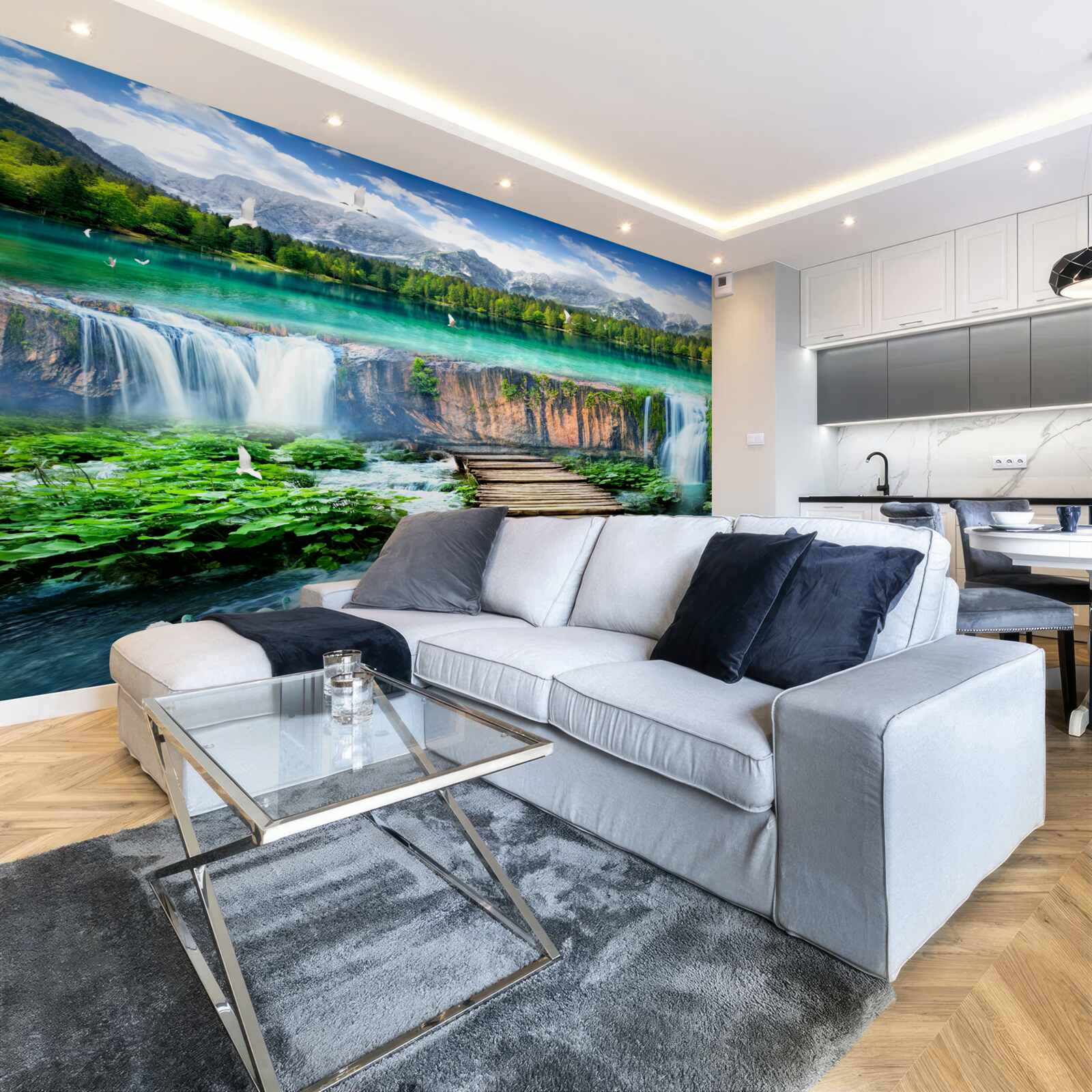 Fototapet pod de lemn care duce la baza cascadei