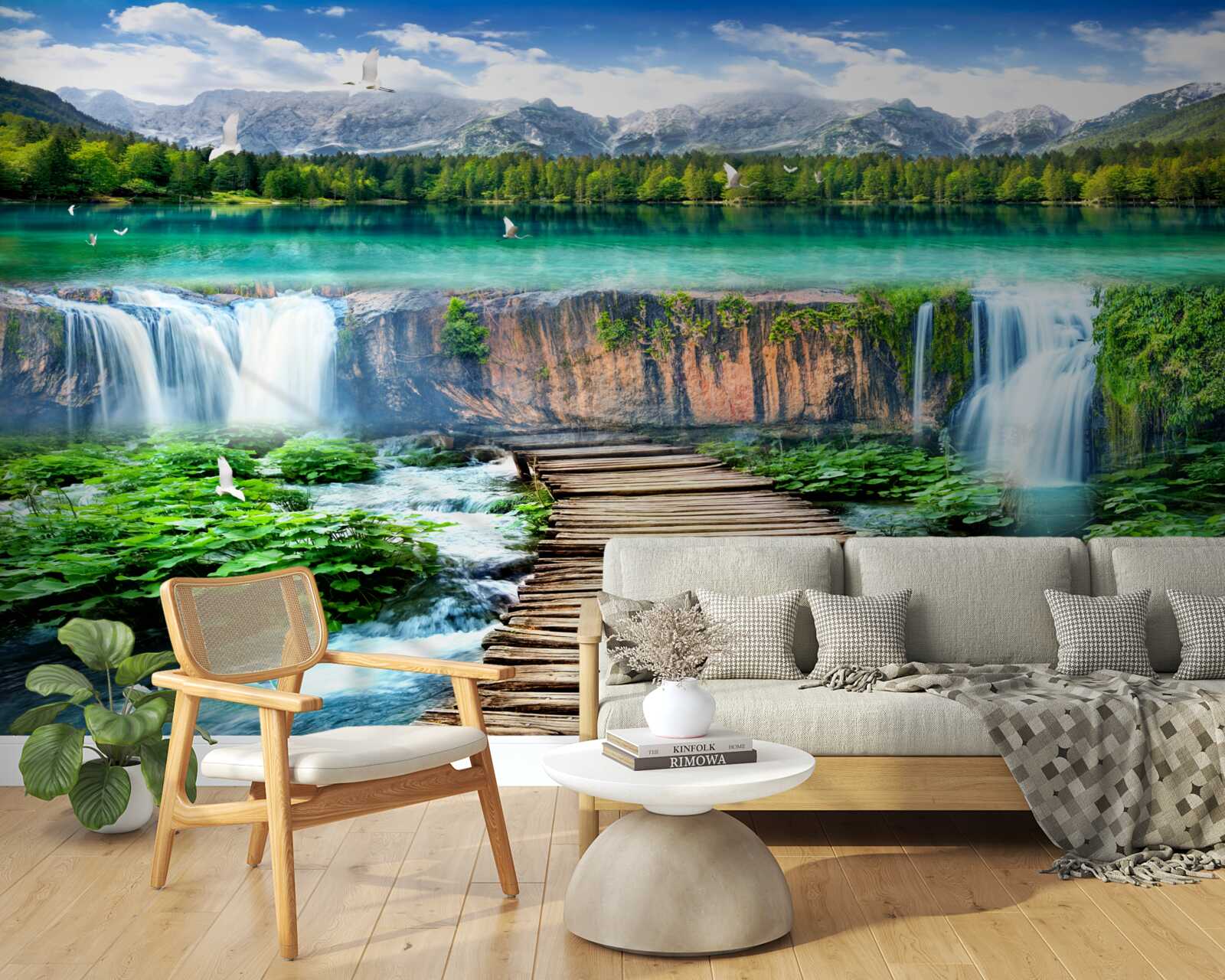 Fototapet pod de lemn care duce la baza cascadei