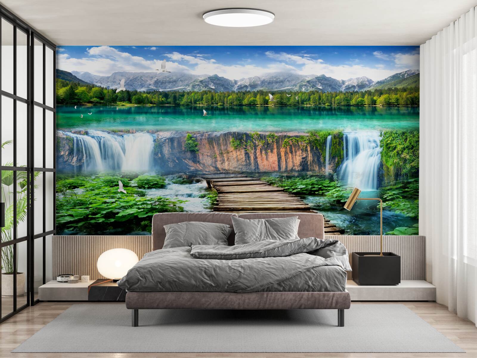 Fototapet pod de lemn care duce la baza cascadei