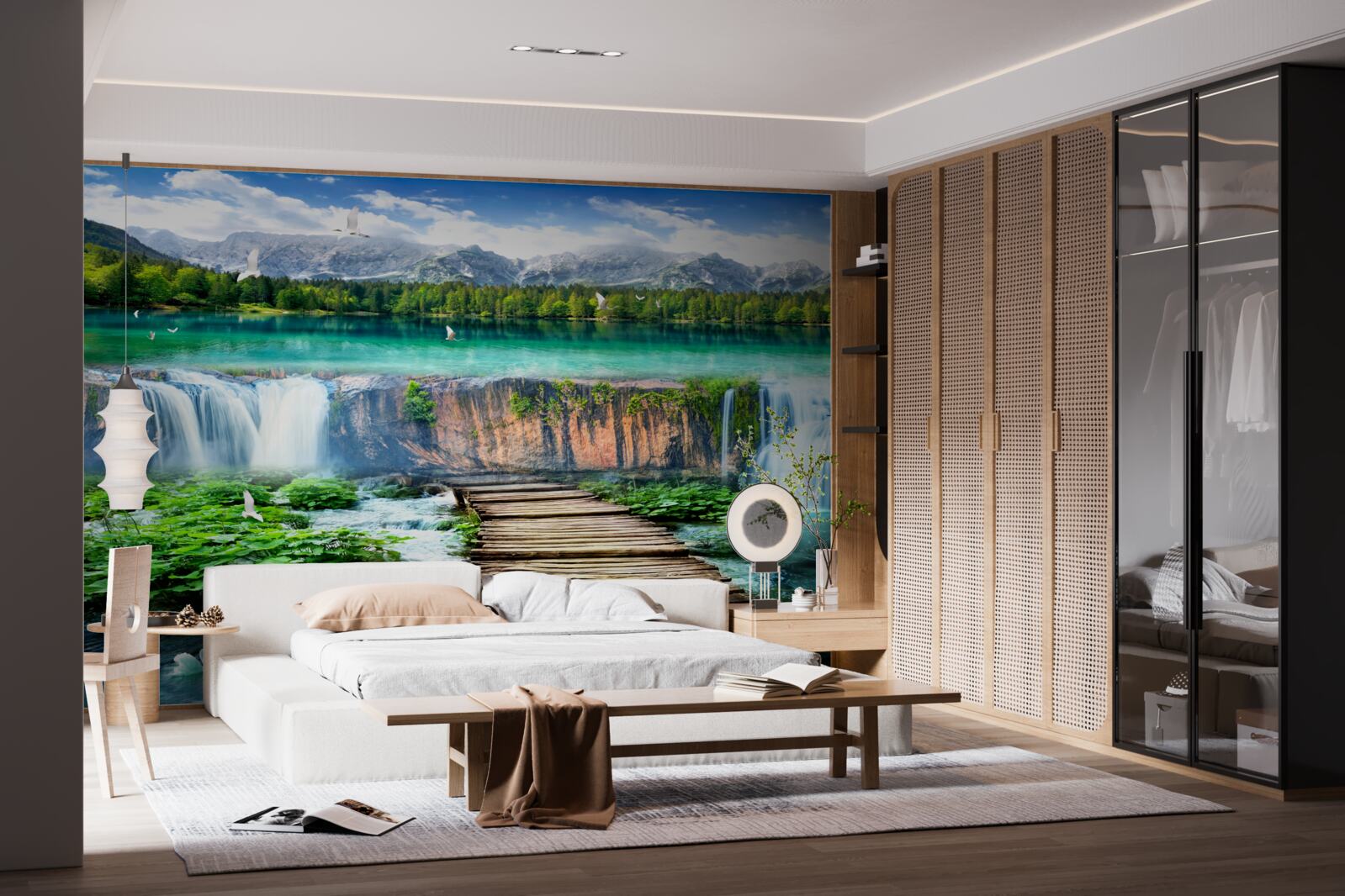 Fototapet pod de lemn care duce la baza cascadei