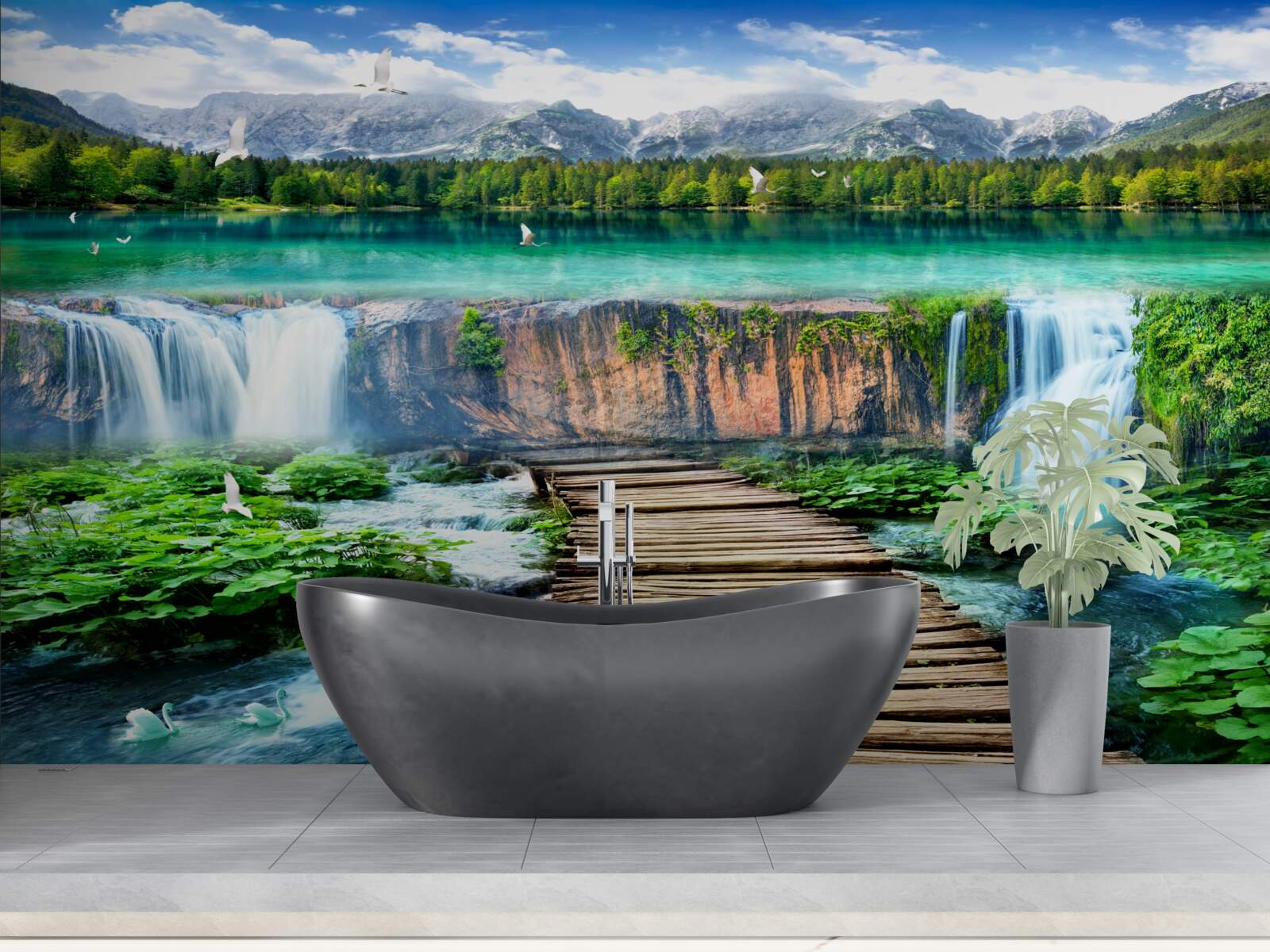 Fototapet pod de lemn care duce la baza cascadei