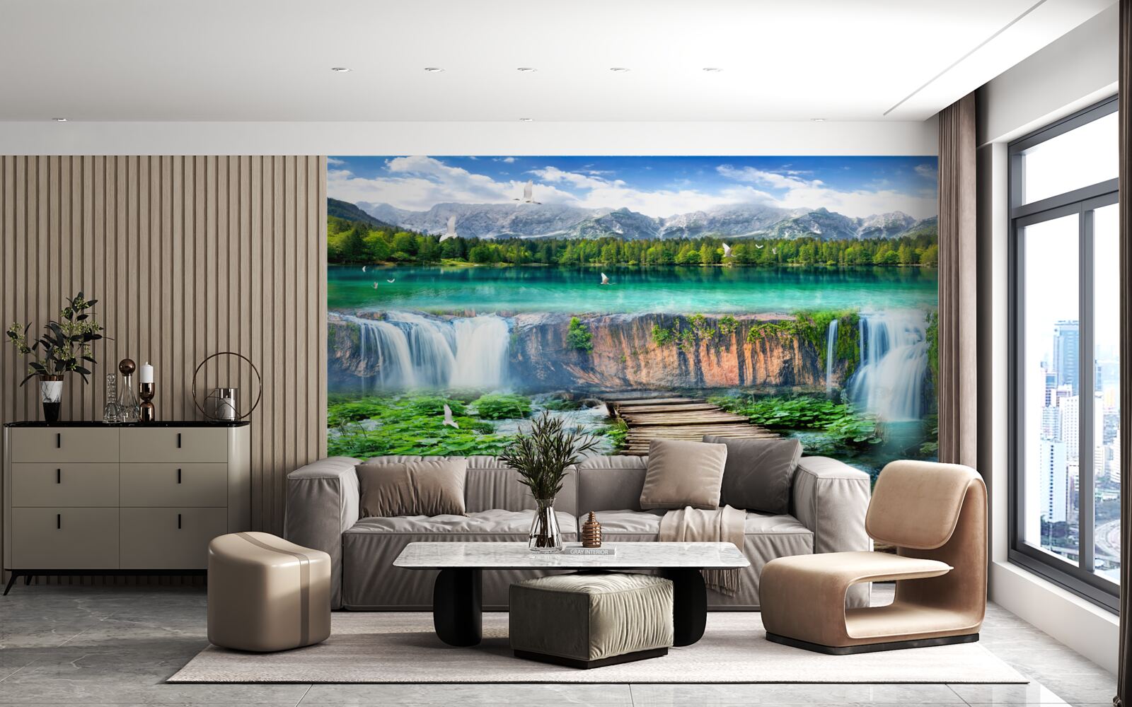 Fototapet pod de lemn care duce la baza cascadei