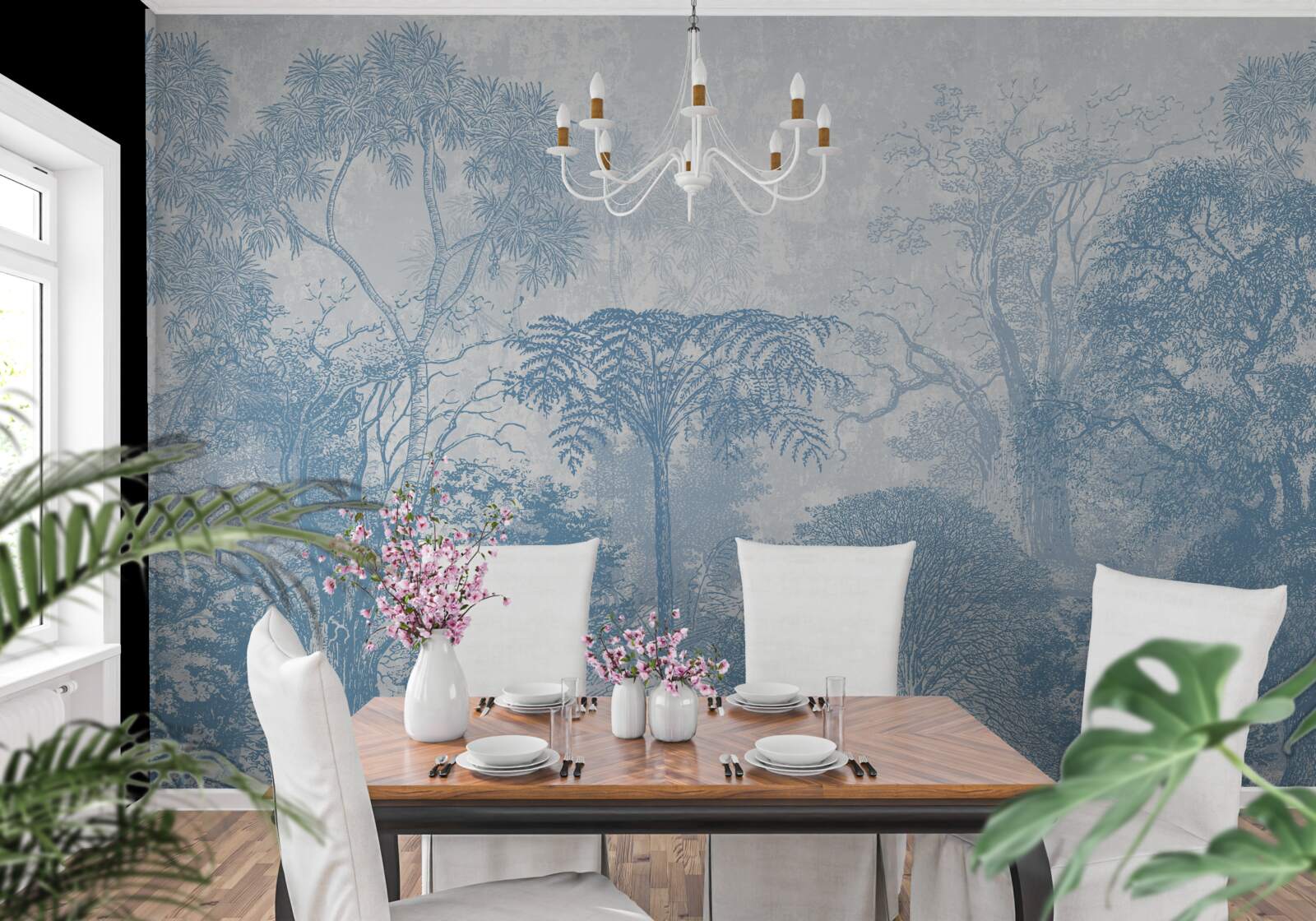 Fototapet imagine alb-negru a unui peisaj forestier