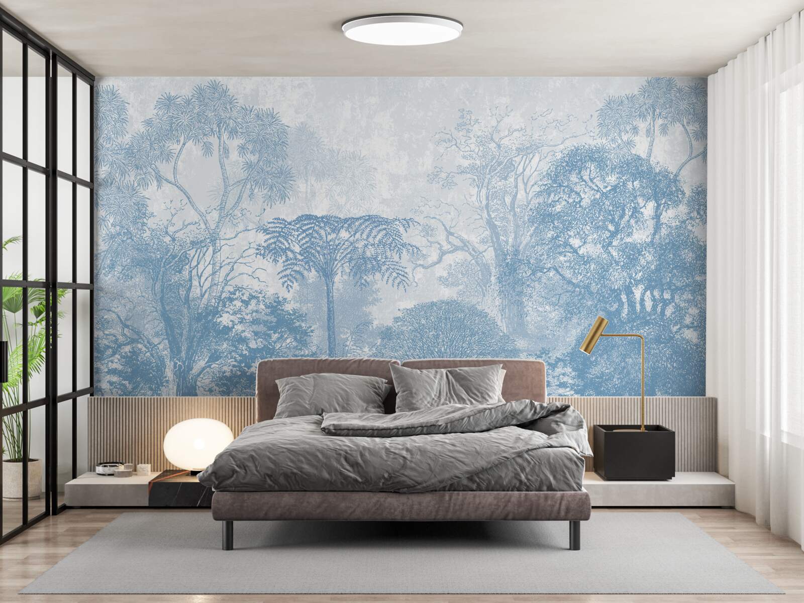 Fototapet imagine alb-negru a unui peisaj forestier