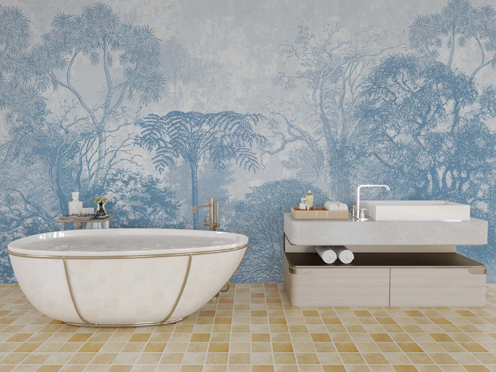 Fototapet imagine alb-negru a unui peisaj forestier