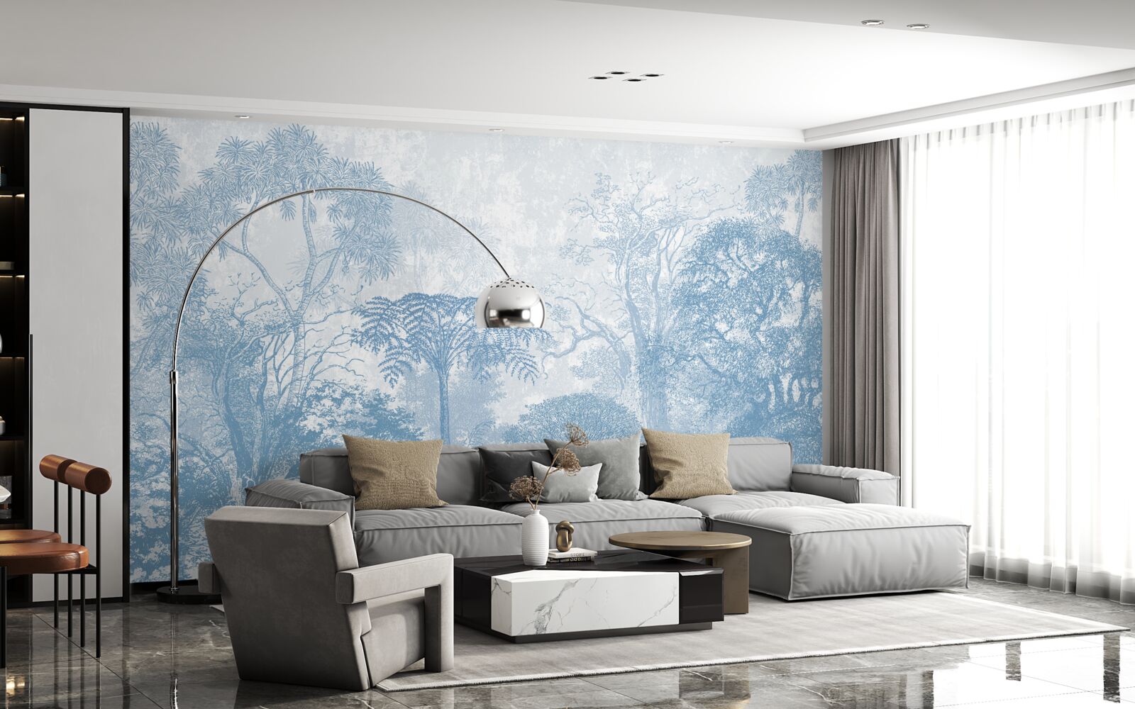 Fototapet imagine alb-negru a unui peisaj forestier