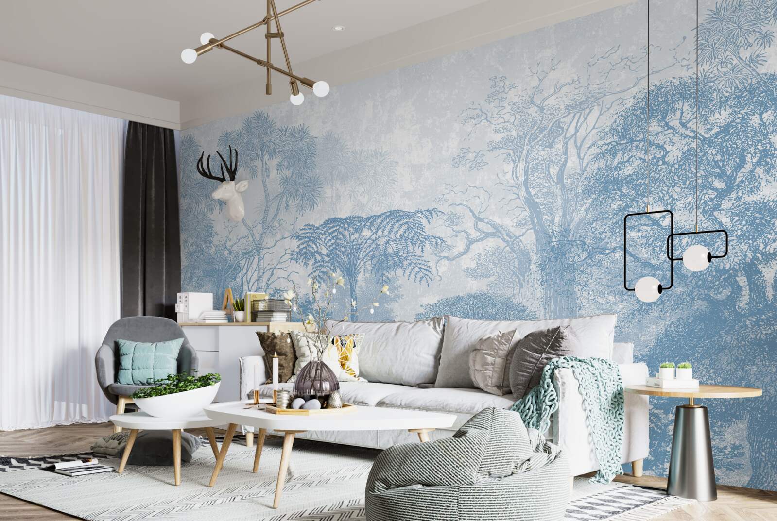 Fototapet imagine alb-negru a unui peisaj forestier