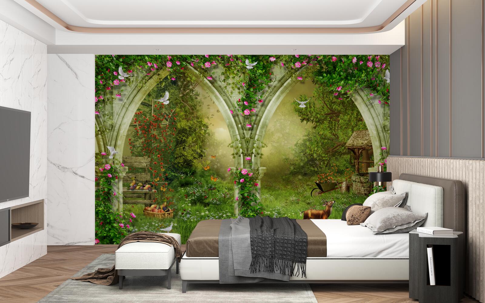 Fototapet Arce din piatră verde cu imagini de animale