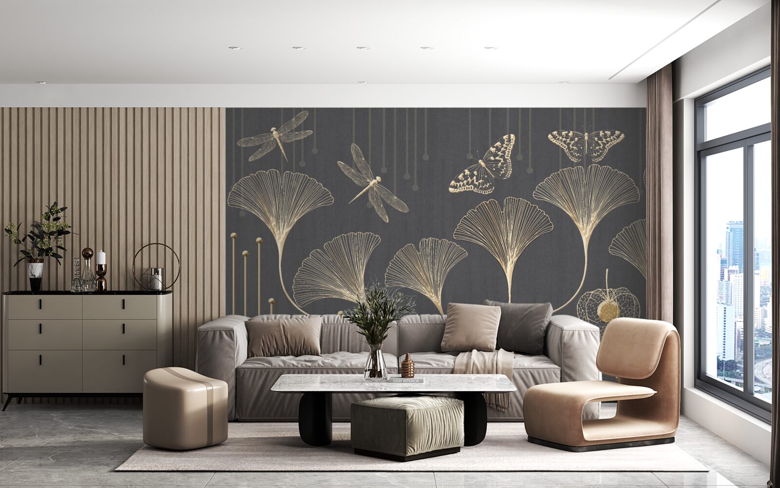 Fototapet dimpotrivă, liniile verticale converg pe un fundal gri