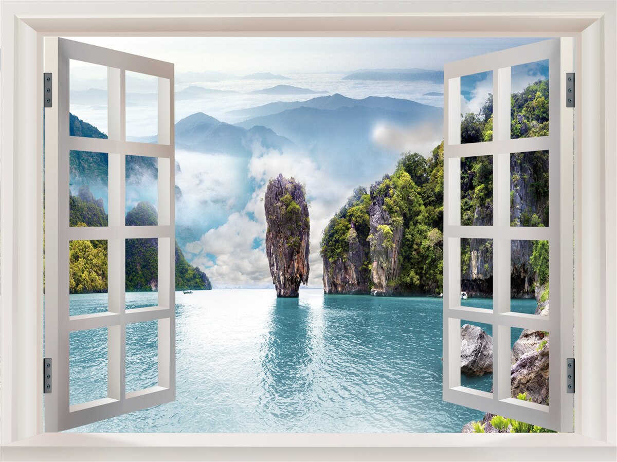 Fototapet fereastră cu vedere la un peisaj de stânci și peisaje marine calme