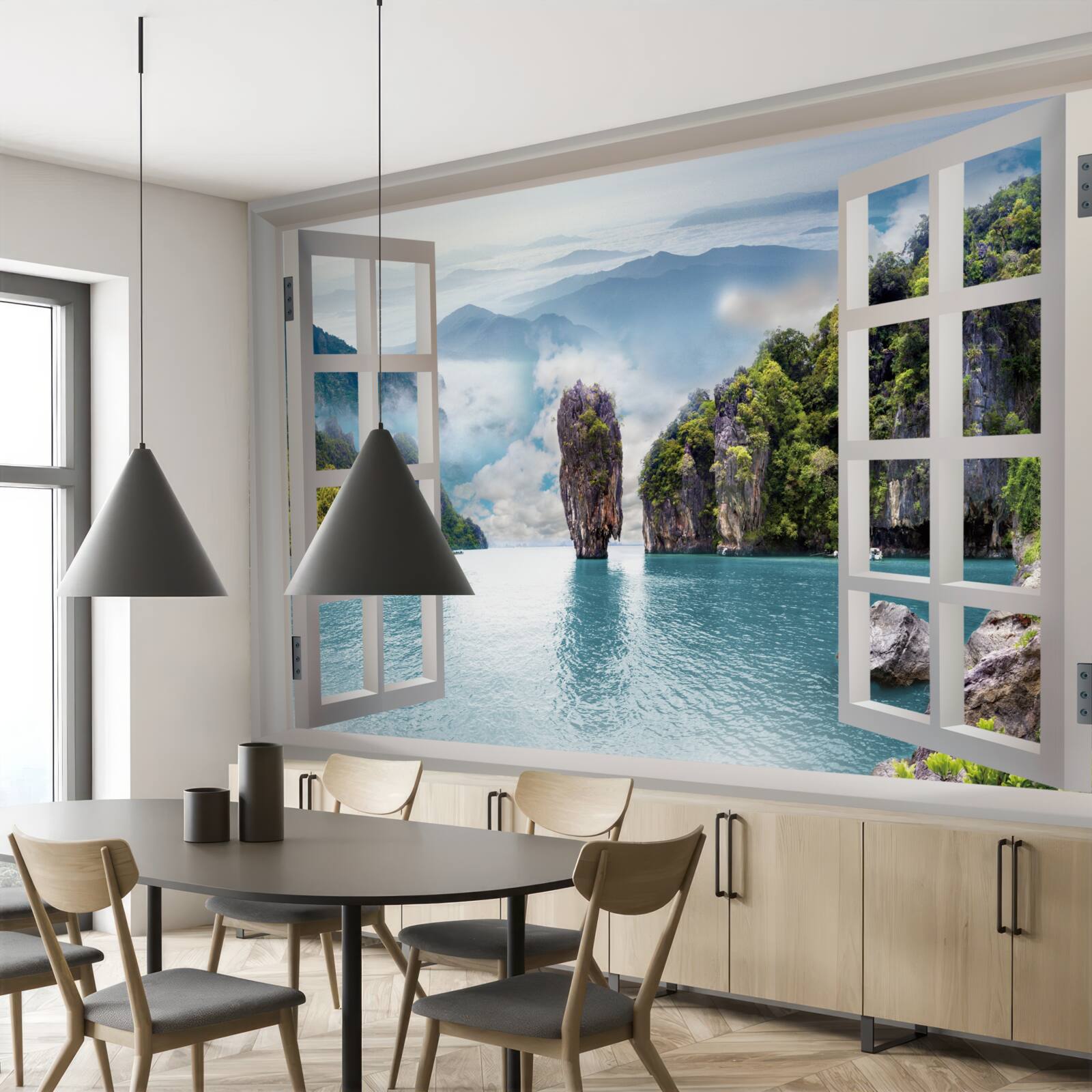 Fototapet fereastră cu vedere la un peisaj de stânci și peisaje marine calme