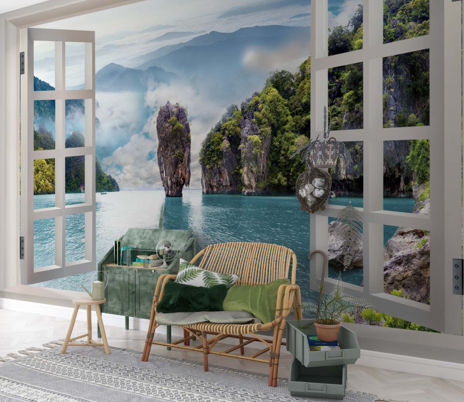 Fototapet fereastră cu vedere la un peisaj de stânci și peisaje marine calme