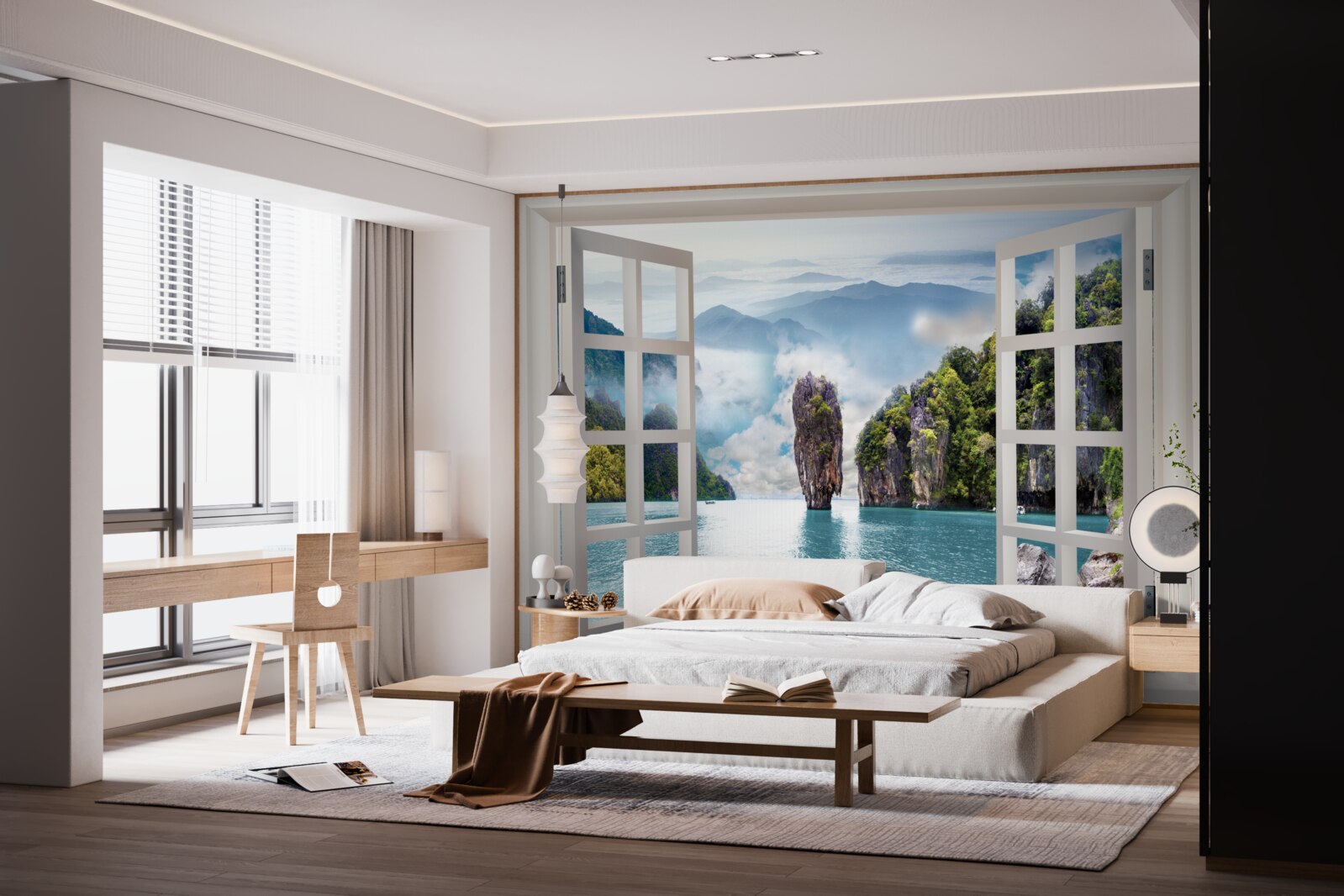 Fototapet fereastră cu vedere la un peisaj de stânci și peisaje marine calme