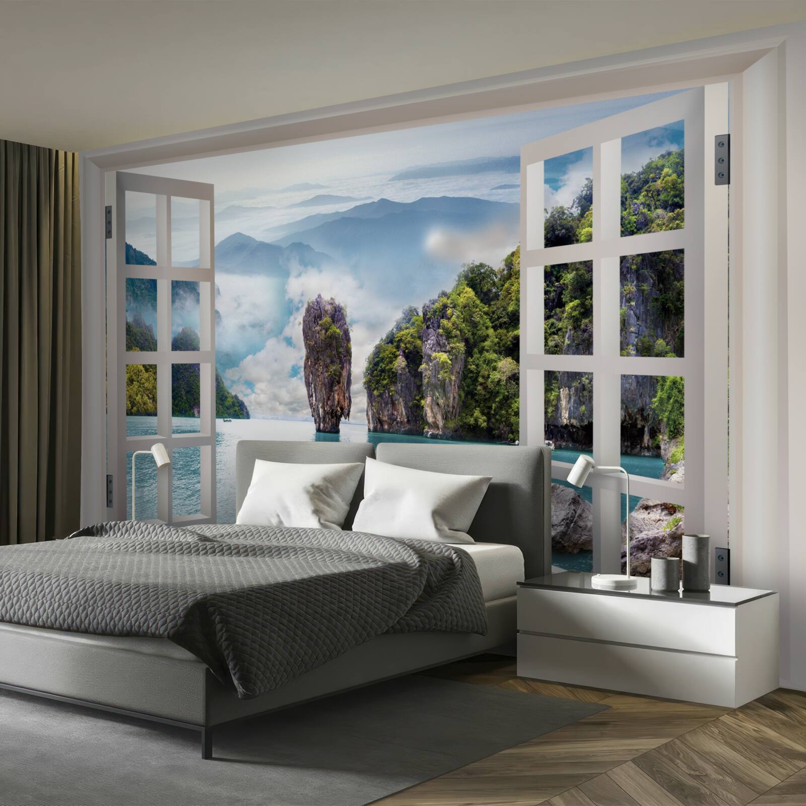 Fototapet fereastră cu vedere la un peisaj de stânci și peisaje marine calme