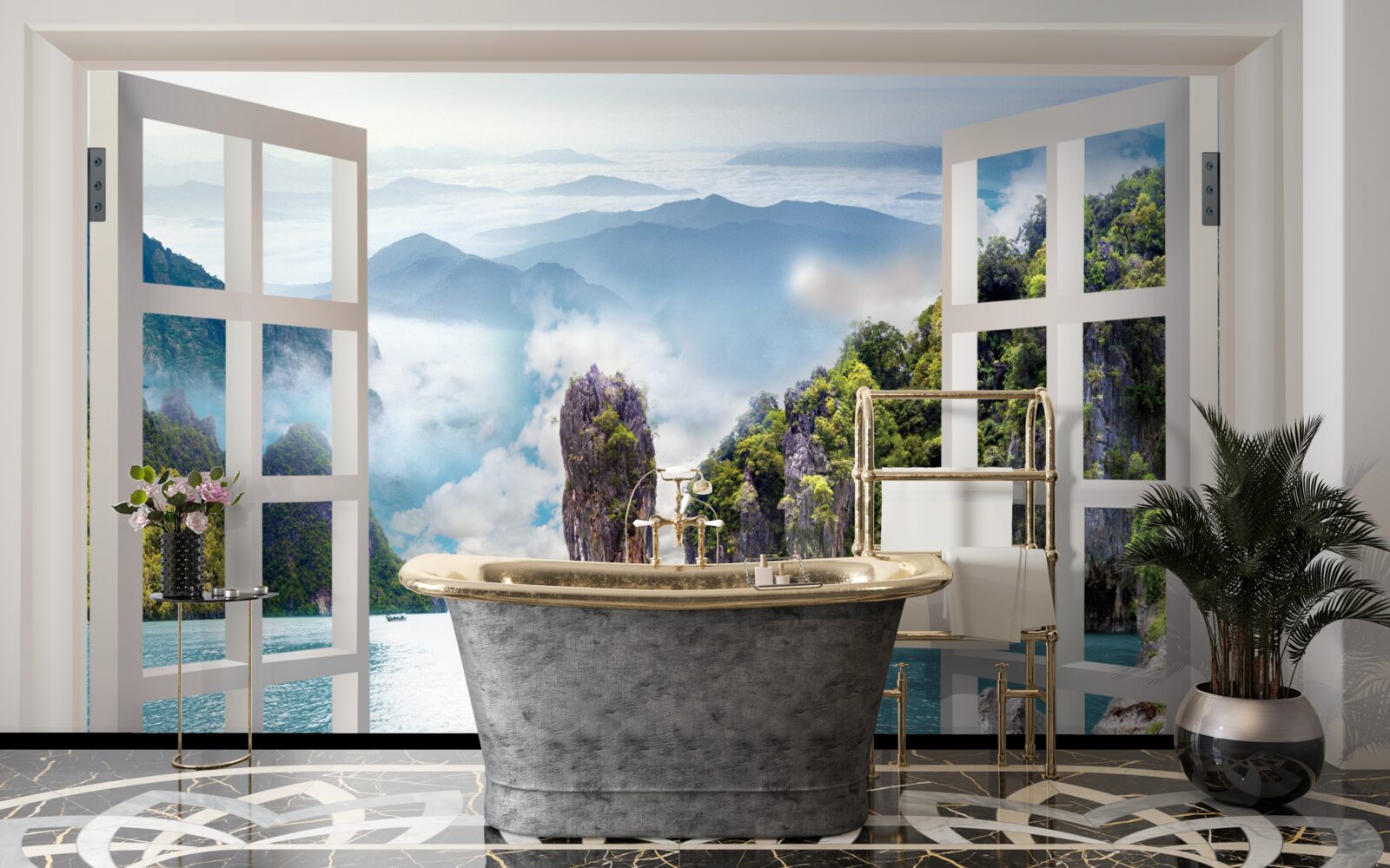 Fototapet fereastră cu vedere la un peisaj de stânci și peisaje marine calme