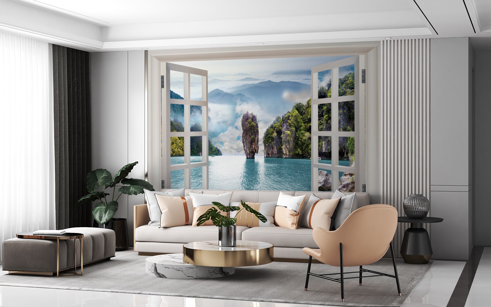 Fototapet fereastră cu vedere la un peisaj de stânci și peisaje marine calme