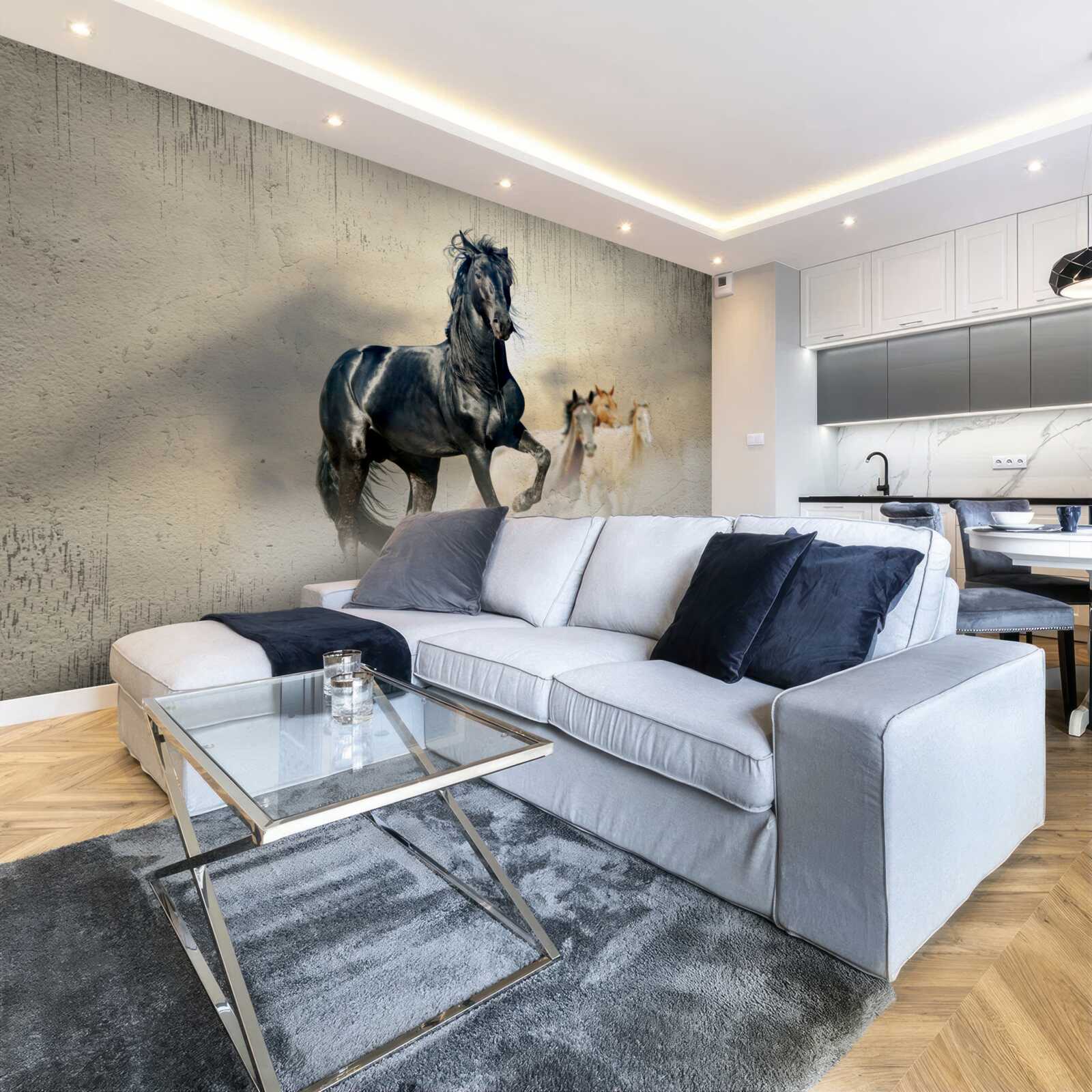 Fototapet o turmă de cai pasc pe o pajiște vastă